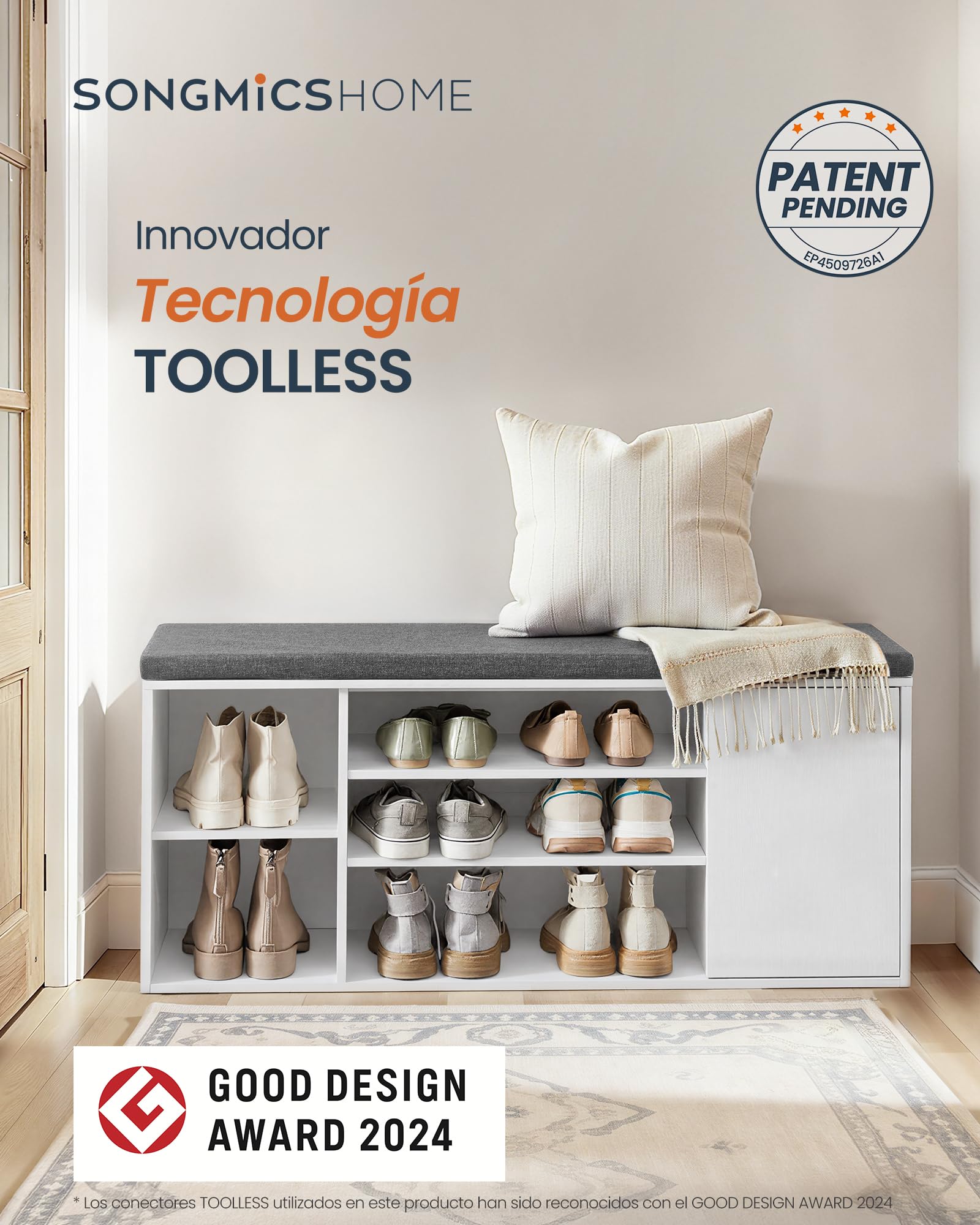 SONGMICS HOME Banco Zapatero, Snapsemble Montaje Súper Rápido, Banco con Almacenaje, Compartimentos Abiertos, Estantes Ajustables, Mueble para Zapatos, Blanco Nieve y Gris Pizarra LHS391WE01