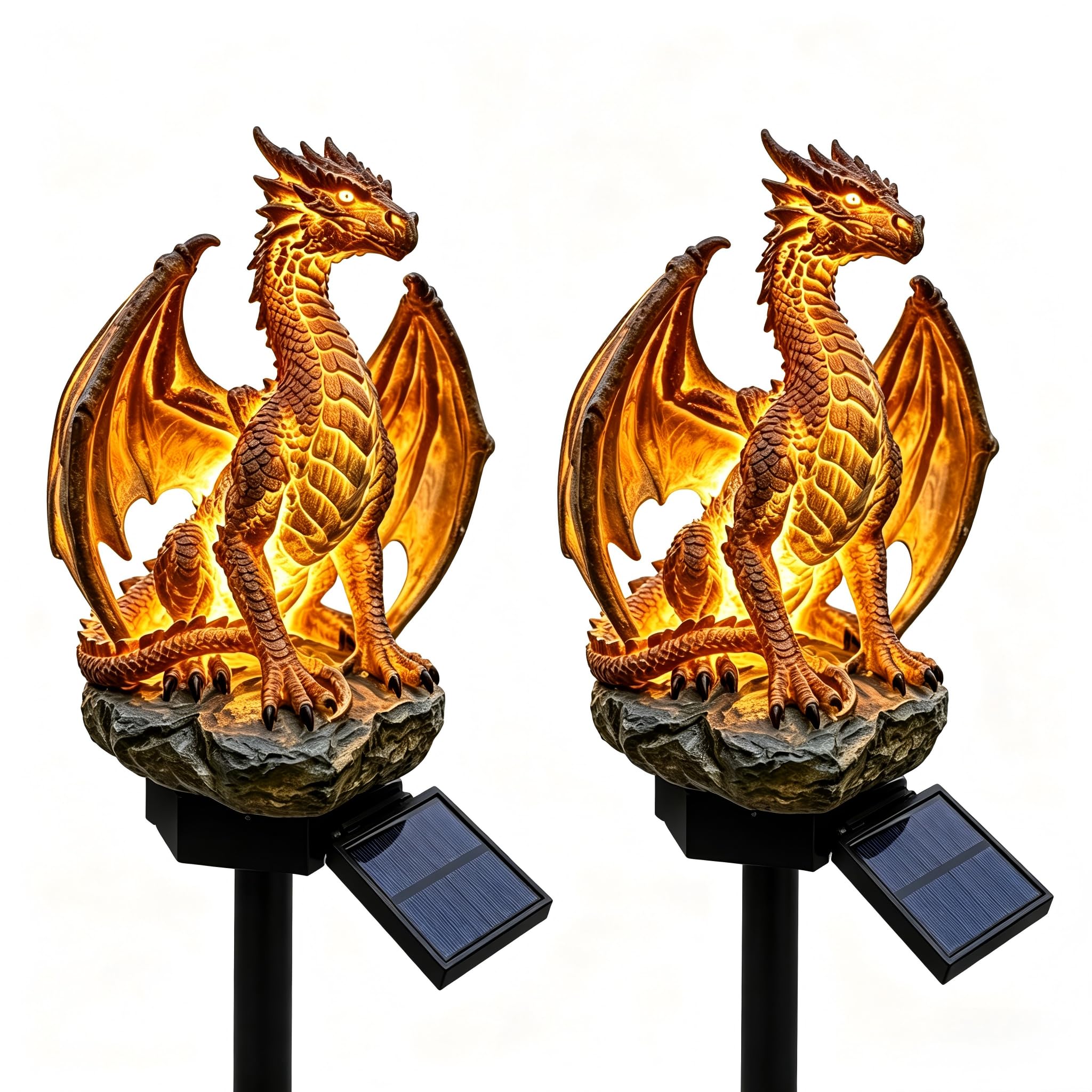 #2 Dragon Legacy Golden Ember Edition Solar Garden Light, Outdoor Statue Lamp, Gothic Medieval Fantasy Decor For Patio Lawn Yard Halloween Decor, Unique Gifts For Dragon Lovers