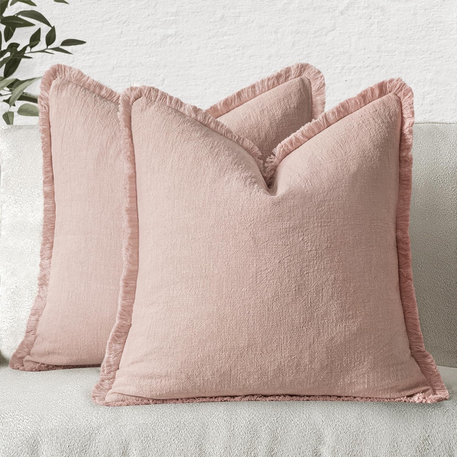 MIULEE Linen Fringe Decorative Euro Throw Pillow Covers Light Pink 26x26