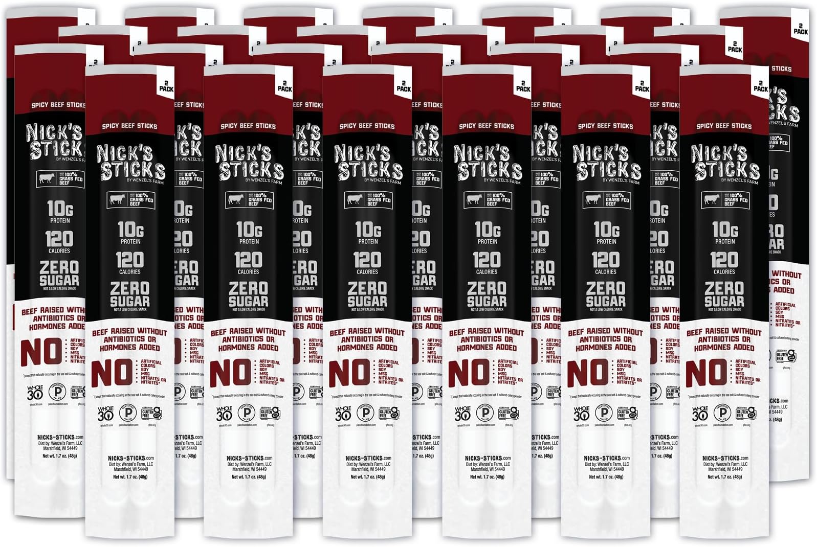 Nick's Sticks Clean & Balanced 100% Grass-Fed Spicy Beef Snack Sticks | Made in the USA | Gluten Free | Paleo, Keto, Whole30 Approved | No Soy, Antibiotics or Hormones (25 – 1.7oz. Packs of 2 Sticks)