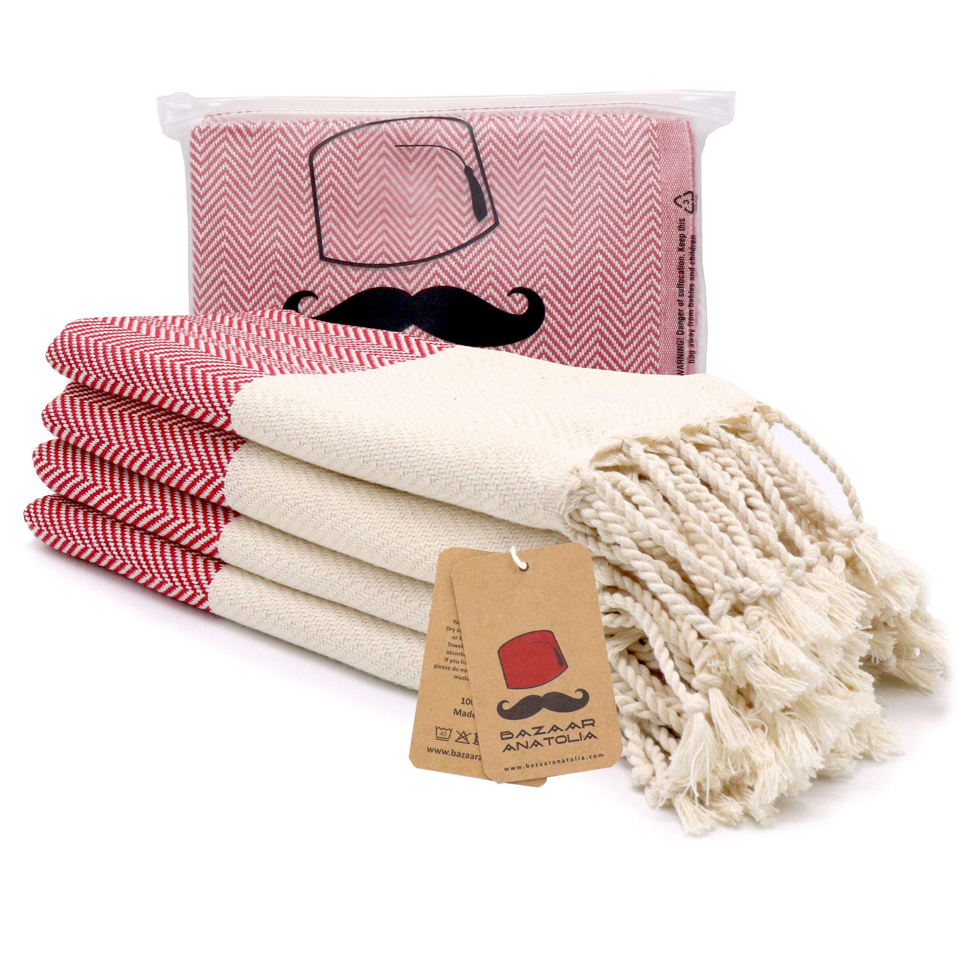 Bazaar Anatolia Turkish Hand Towels with Hanging Loop Set of 4 Decorative Towels for Bathroom 100% Cotton Boho Farmhouse Decor Kitchen Bath 45x20 with Fringe Herringbone - Red