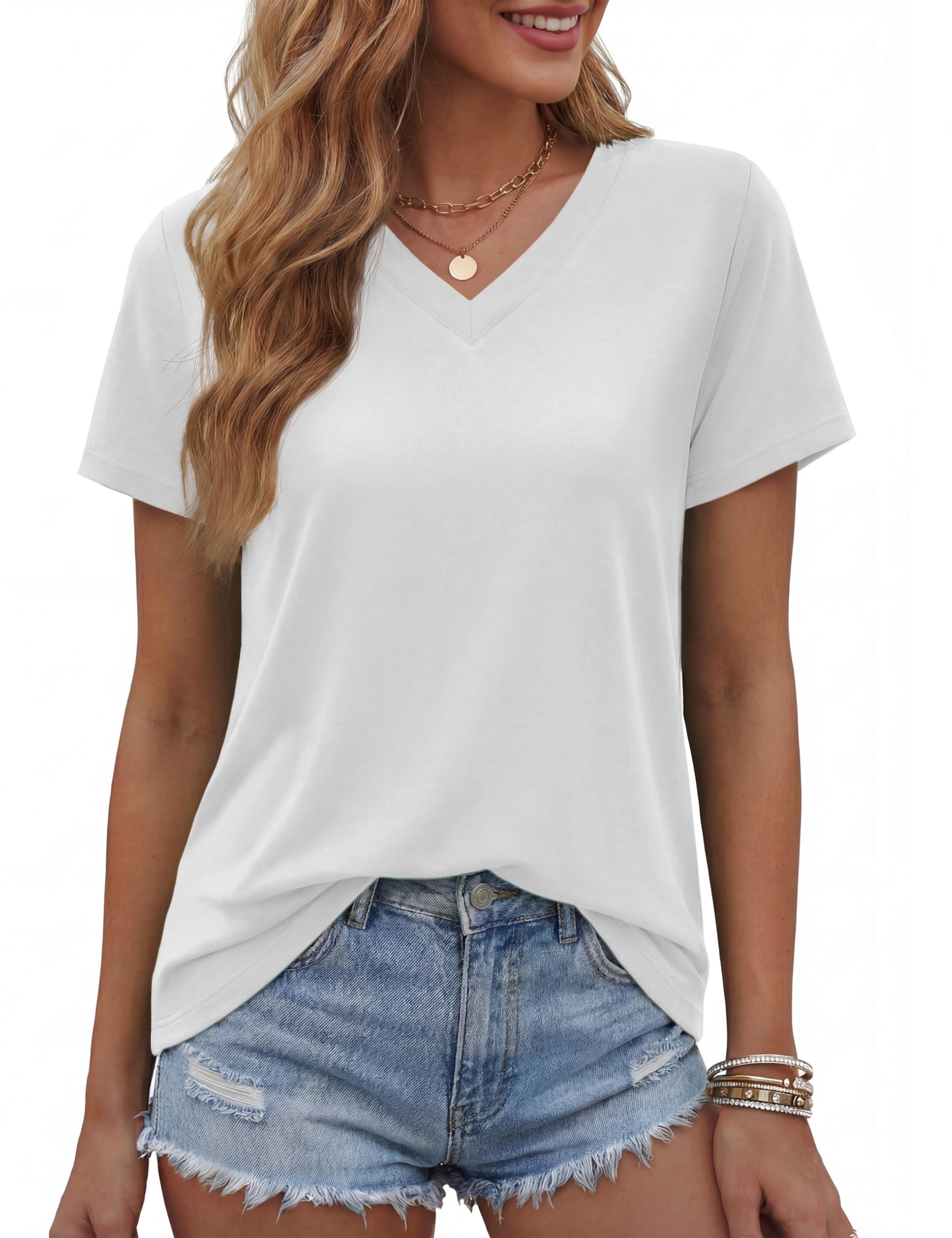 TACVASEN Damen Tshirt Kurzarm V-Ausschnitt Shirt Baumwolle Top Lässig Sommer Basic Oberteile