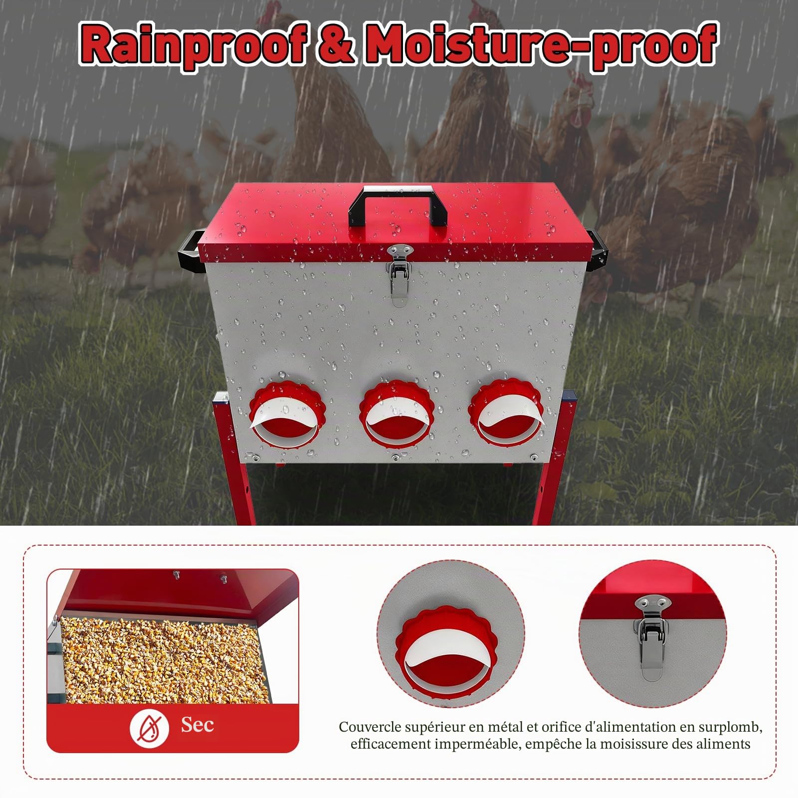 Mangeoire Poules Automatique 15kg, Distributeur Nourriture Poules Anti Rat | Grande Mangeoire Poules Anti Nuisible, Étanche, Résistant Humidité, avec 6 Orifices, pour Poulailler Extérieur, Jardin, Ferme