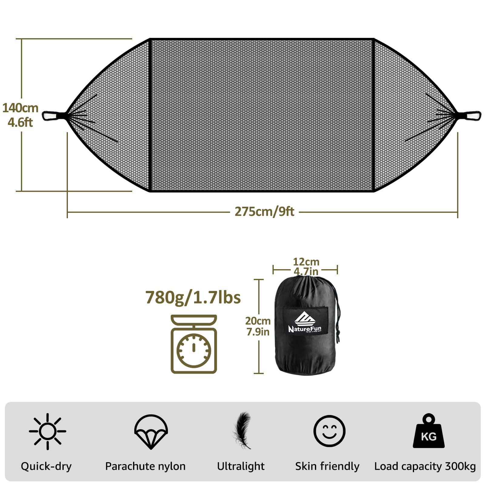 NatureFun Mosquitero Hamaca Ultra Ligera para Viaje y Camping | 300kg de Capacidad de Carga,Transpirable, Nylon de Paracaídas de Secado Rápido | 2 x Mosquetones Premium,4 x Correas de Nylon Incluidas