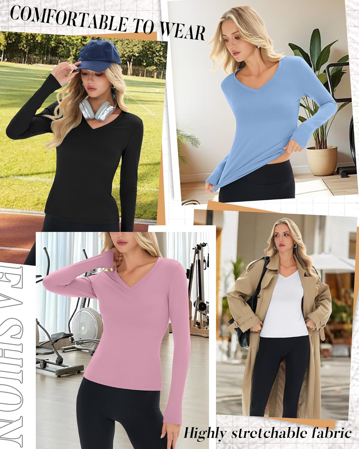 Neer 4 Pack Women's Workout Tops Long Sleeve Compression Shirt Athletic Tight V Neck T Shirt Gym Yoga Running Lightweight Tee - Image 4