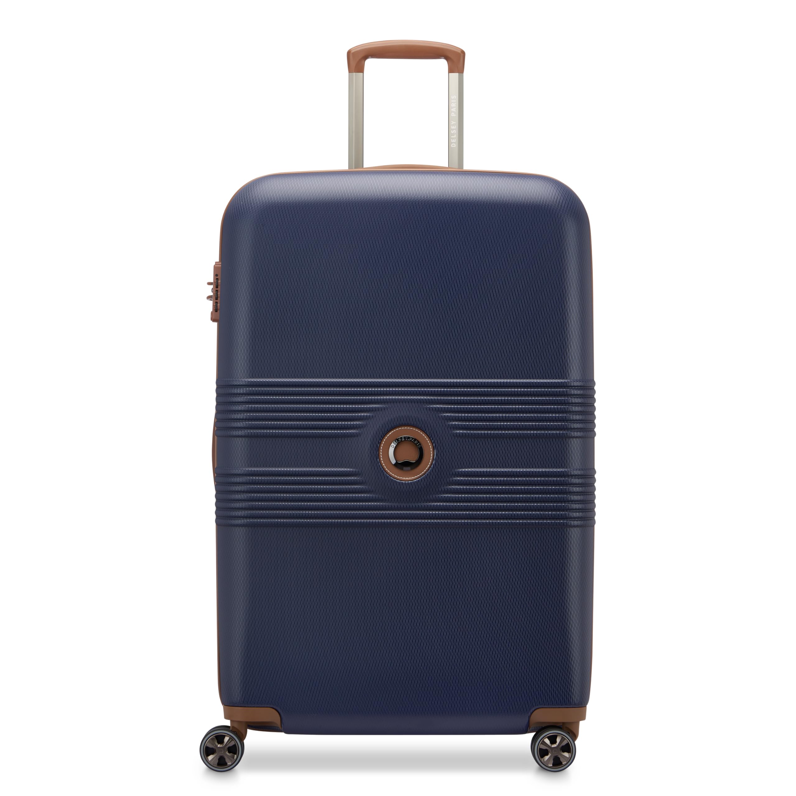 Flanerie SE - Hardside Checked In Luggage 28 Inch - 360° Dual Spinner Wheels - TSA Lock - Lightweight Polycarbonate Travel Suitcase with Vegan Leather, Blue