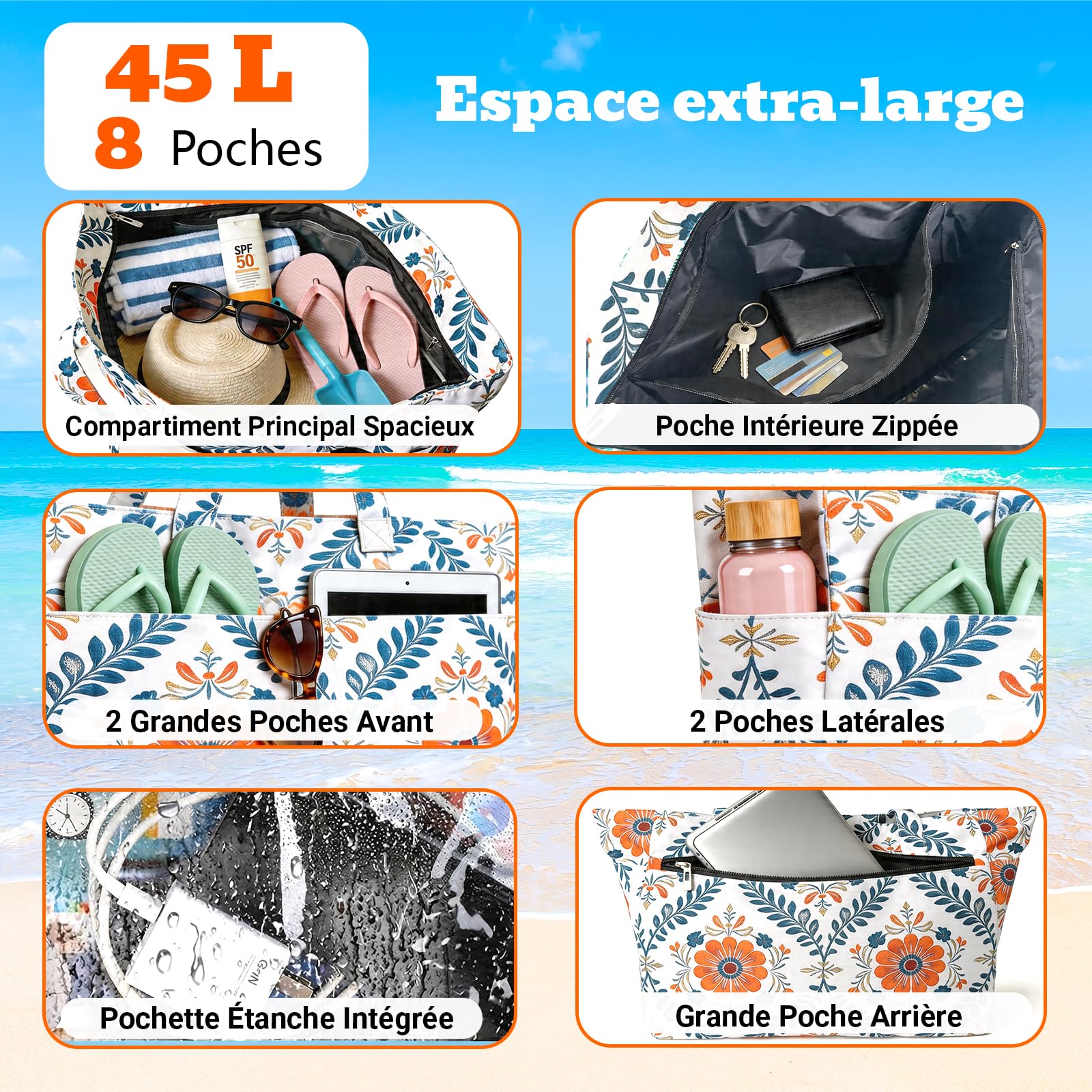 Hap Tim Grand Sac de Plage XXL Femme Famille – Sac Cabas avec Fermeture Éclair et Compartiment Mouillé, Sac Étanche Imperméable Anti-Sable, Sac de Voyage pour Vacances Piscine Sport
