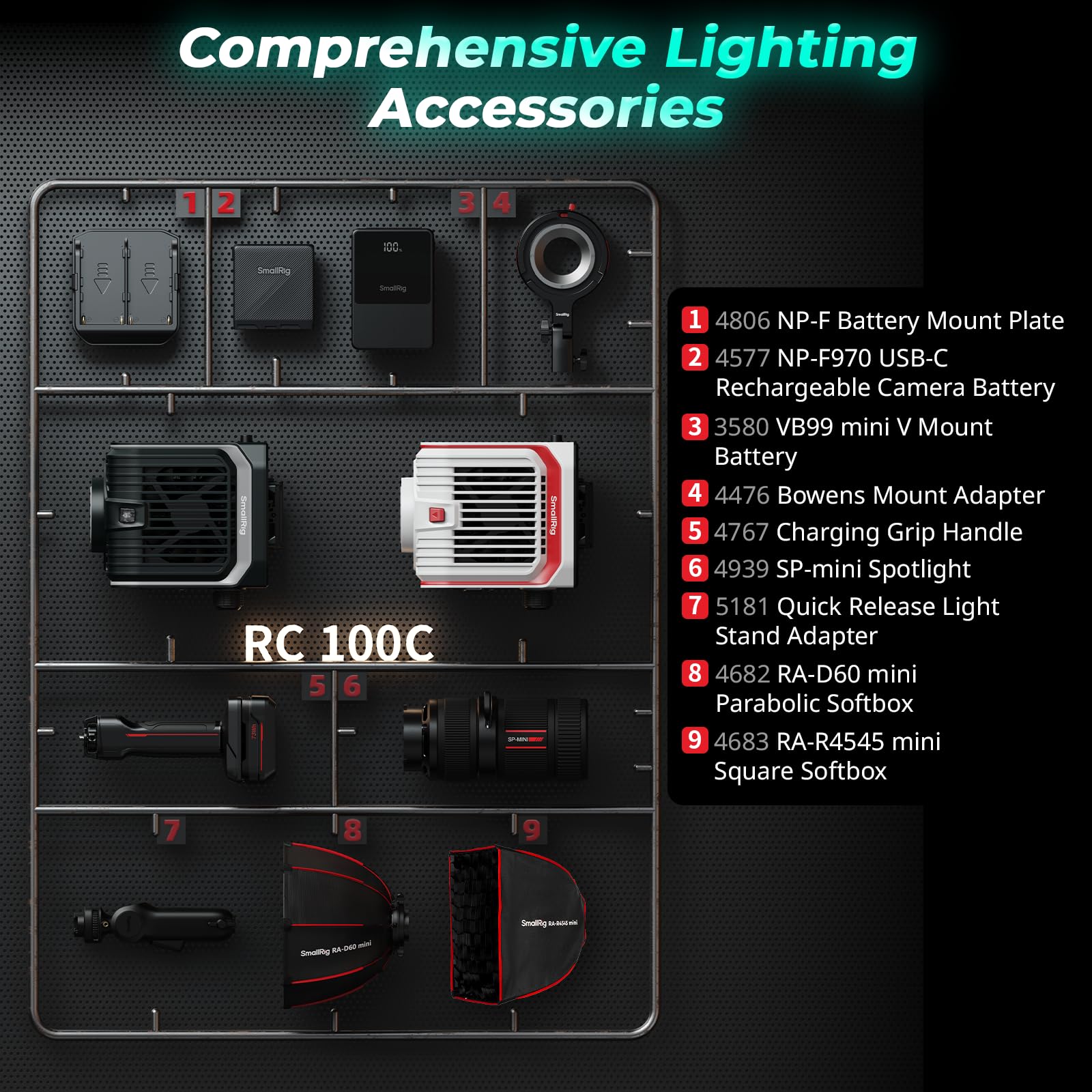 SMALLRIG RC 100C RGBWW Projecteur Vidéo LED, Contrôle par APP, Eclairage Continu mini COB 100 W, Projecteur portable 2700-10000 K, CRI 96+, 12 Effets, 11000 lux/1 m, avec Poignée de Batterie - 5383