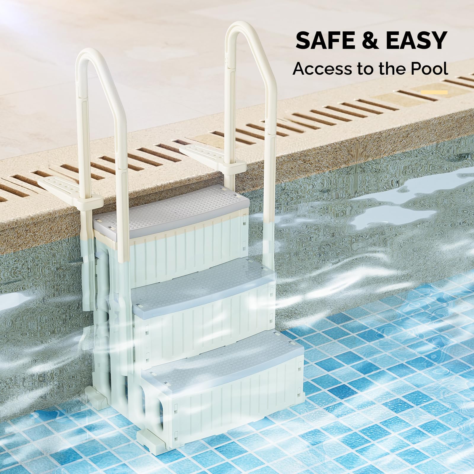 BONNLO Échelle de Piscine Antidérapante PE, Escalier de Piscine, Adaptée aux Piscines Hors Sol et Creusées Intérieur Extérieur, Blanc Cassé (Blanc + Pédale Grise, 3)