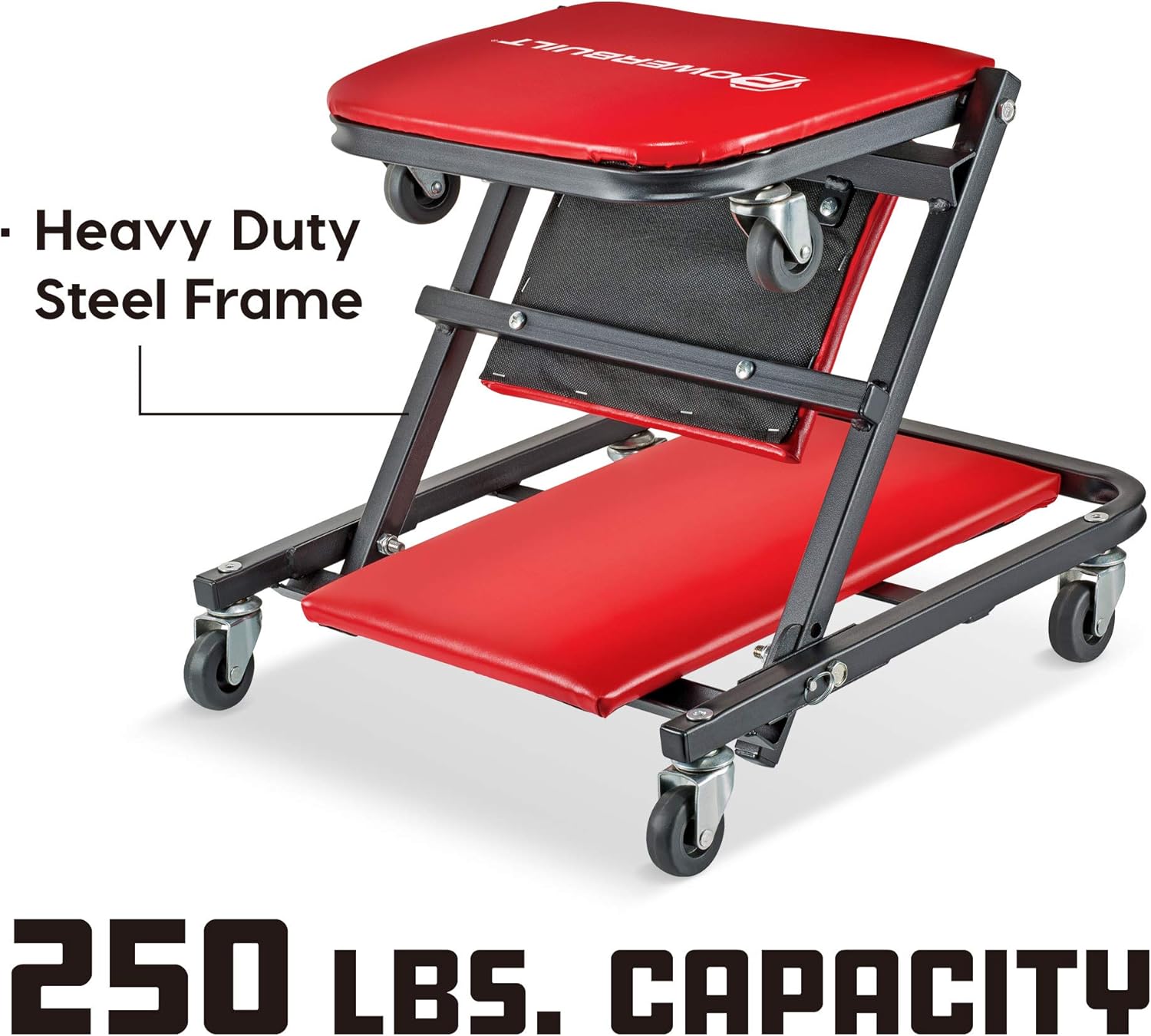 Powerbuilt 36 in. ZAG 2-in-1 Floor Creeper and Rolling Seat – Convertible Design with Padded Headrest, Durable Steel Frame, and Six 2 in. Casters for Easy Maneuvering – 620513