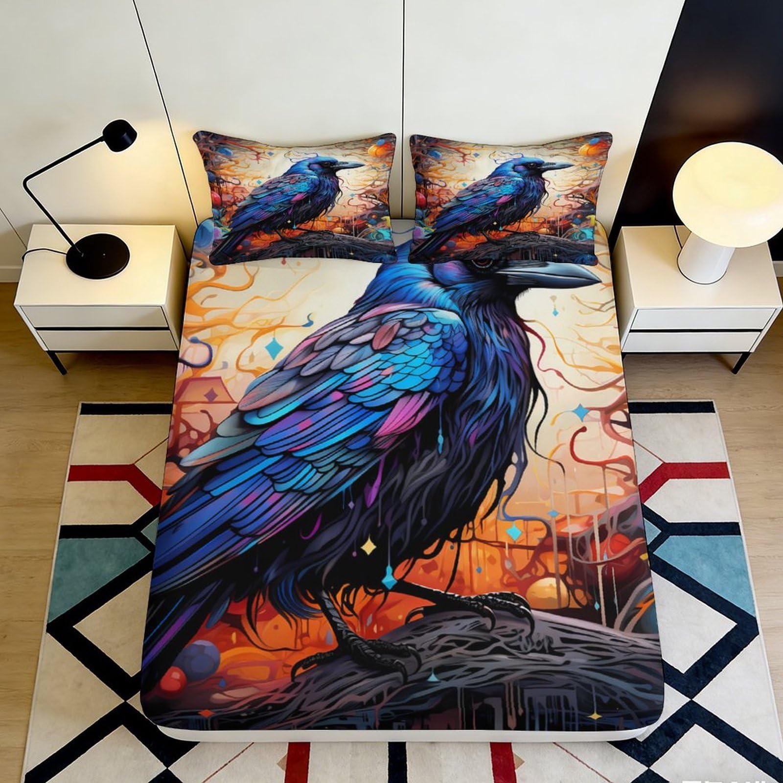 Pnayamiorkfel Style-4 3D Printed Vibrant Raven Fitted Sheet Microfiber Soft Anti-Slip Gothic Bird Mattress Cover Decor Bedroom 90X200x25cm