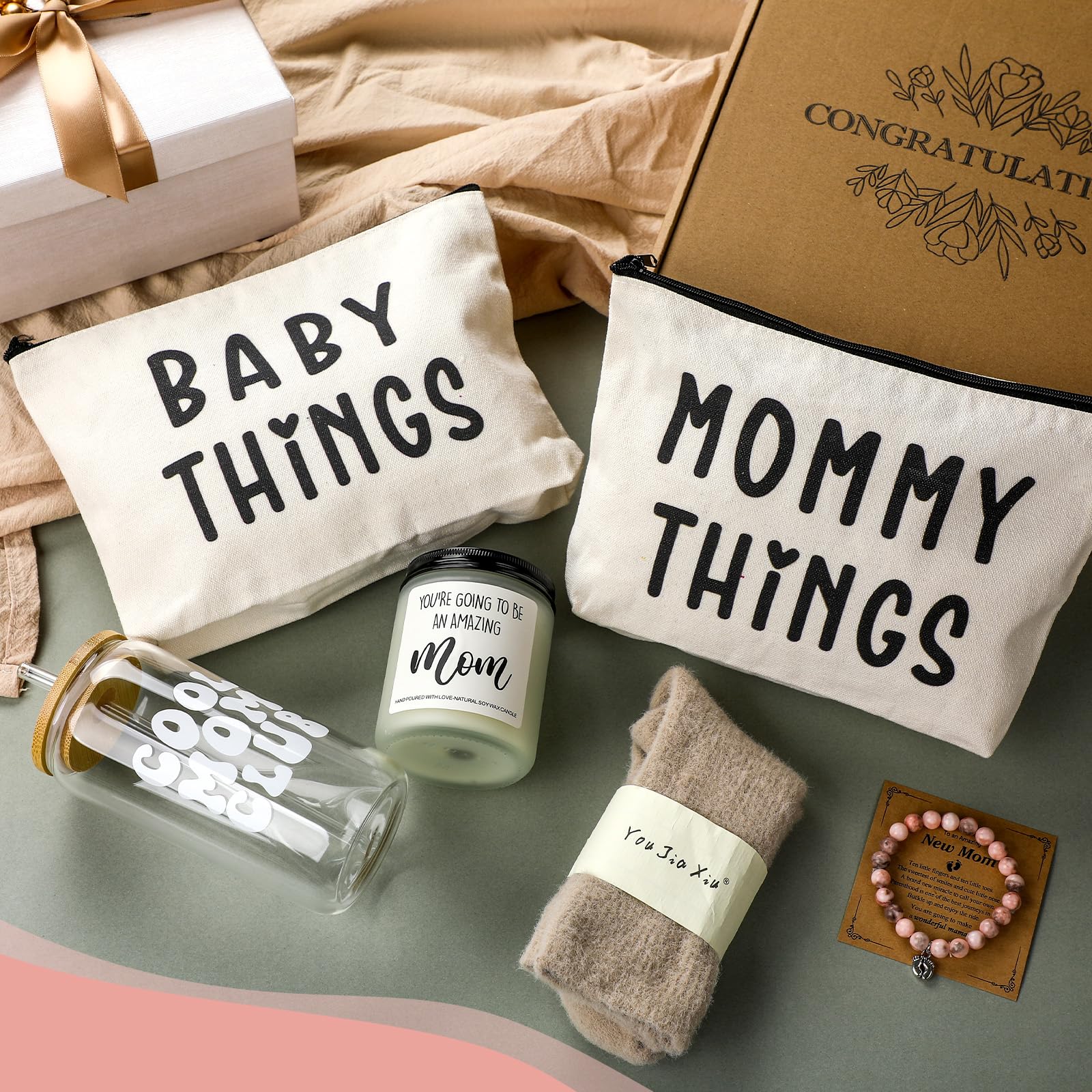 Maxdot Paquete de 8 piezas para el cuidado de la nueva mamá después del nacimiento, cesta de regalo para mujeres embarazadas, kit de regalo posparto con taza de vidrio para baby shower, esperando que