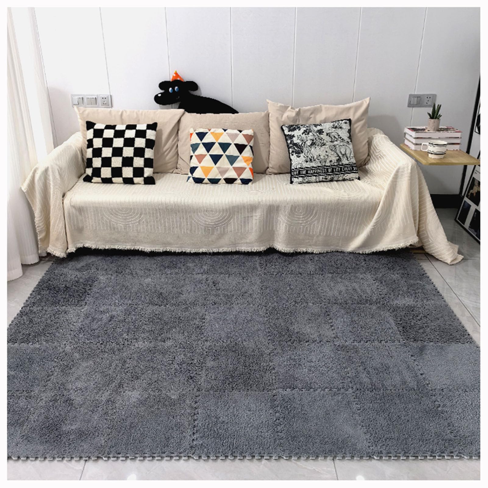 Splice Interlocking Carpet 10 Pezzi Tappetino da Pavimento Quadrato ad Incastro, Tappetino da Pavimento in Schiuma di Puzzle di Peluche, Tappeto soffice, Tappeto Morbido,Grey-One Size
