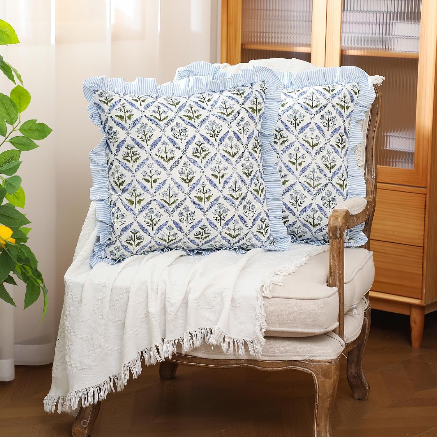 2 PCS Block Print Pillow Covers - Ruffle Modern Farmhouse Floral Throw Pillow Covers Cotton for Couch Sofa Bed Home Decor (Blue,20 x 20 Inches)