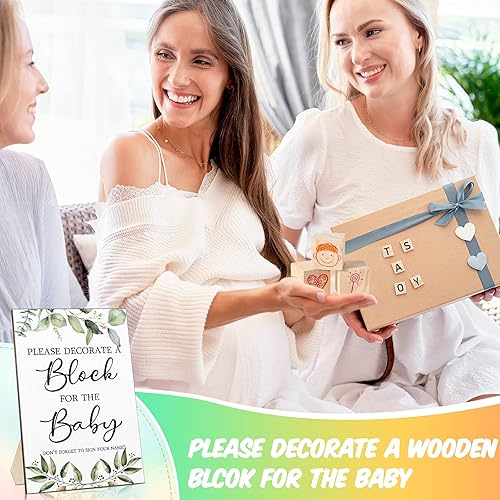Miniatura 8 de Tatuo Kit de 75 juegos de decoración de bloque para baby shower, incluye letrero de juego de decorar un bloque, 50 bloques de madera de bricolaje,