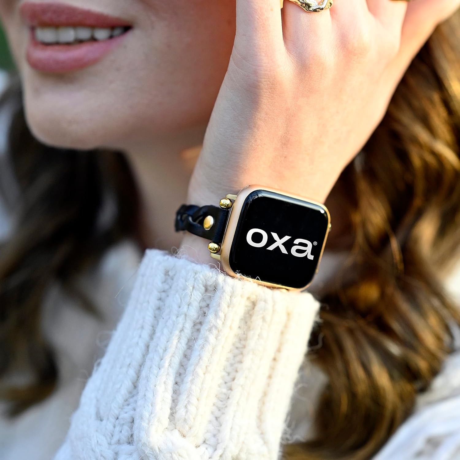 OXA Leather Slim Compatible with Apple Watch Band | Series 8 7 6 5 4 3 2 1 SE Ultra | Polished Stainless-Steel Buckle and Adapters | Women | 38mm 40mm 41mm 42mm 44mm 45mm 49mm |