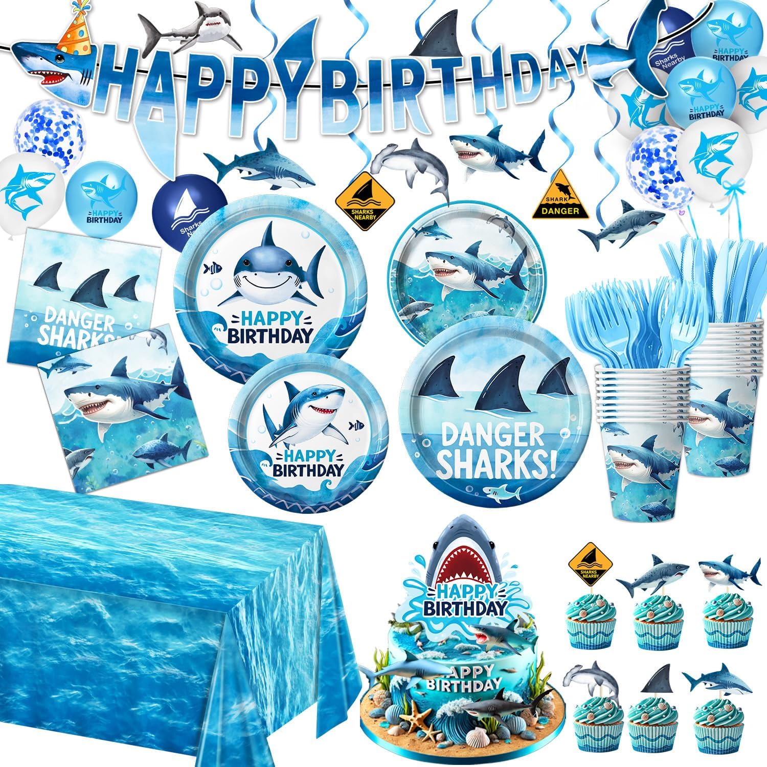 - 157 PCS Shark Birthday Party Decorations Includes Plates, Napkins, Cups, Cutlery, Cake Toppers, Banner, Hanging Swirls, Tablecloth, Balloon for Under The Sea Party Decorations