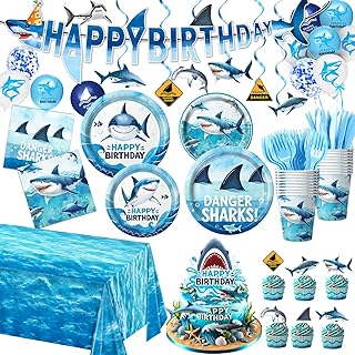 157 PCS Shark Birthday Party Decorations Includes Plates, Napkins, Cups, Cutlery, Cake Toppers, Banner, Hanging Swirls, Tablecloth, Balloon for Under The Sea Party Decorations