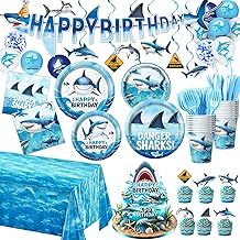 LINHAXM 157 PCS Shark Birthday Party Decorations Includes Plates, Napkins, Cups, Cutlery, Cake Toppers, Banner, Hanging Swirls, Tablecloth, Balloon for Under The Sea Party Decorations