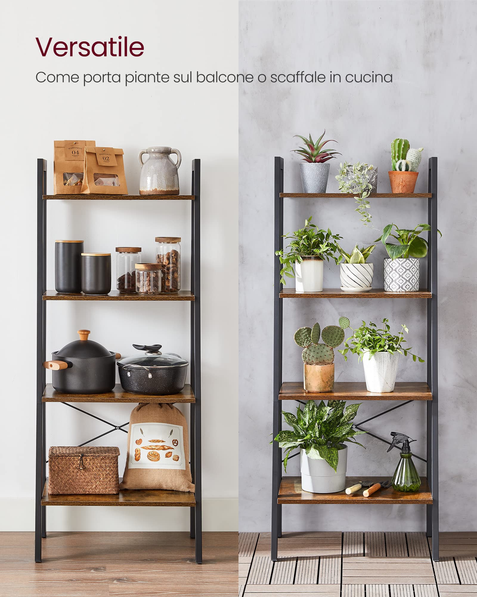 VASAGLE Scaffale a Scala, Libreria a 4 Ripiani, Scaffale Portaoggetti, per Soggiorno Camera da Letto Cucina Studio, Stile Industriale, Struttura in Acciaio, Marrone Vintage e Nero LLS44X