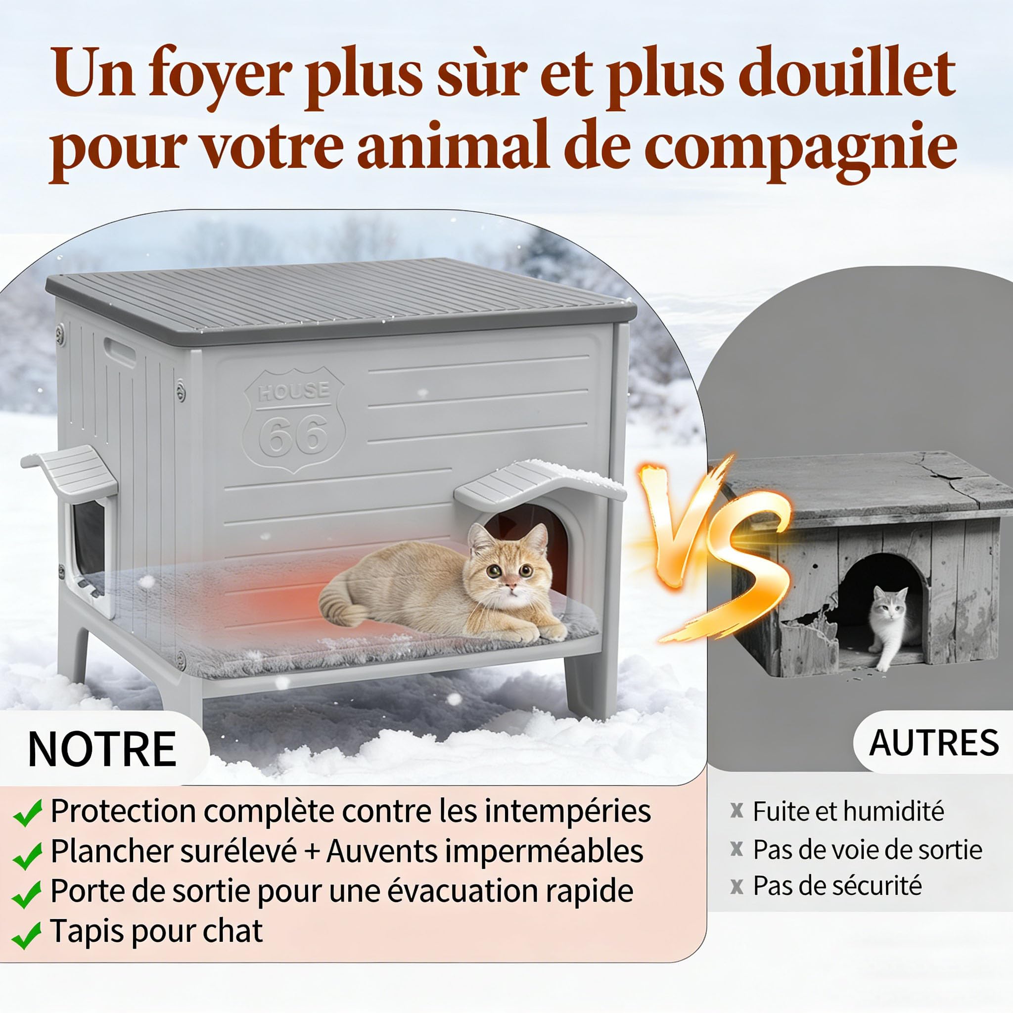 HiCaptain Maison pour chat d'extérieur résistante à l'hiver Chats en plastique sauvage Maison pour chat d'extérieur Abri pour chiot pour petits animaux de compagnie moyens Parc pour animaux de