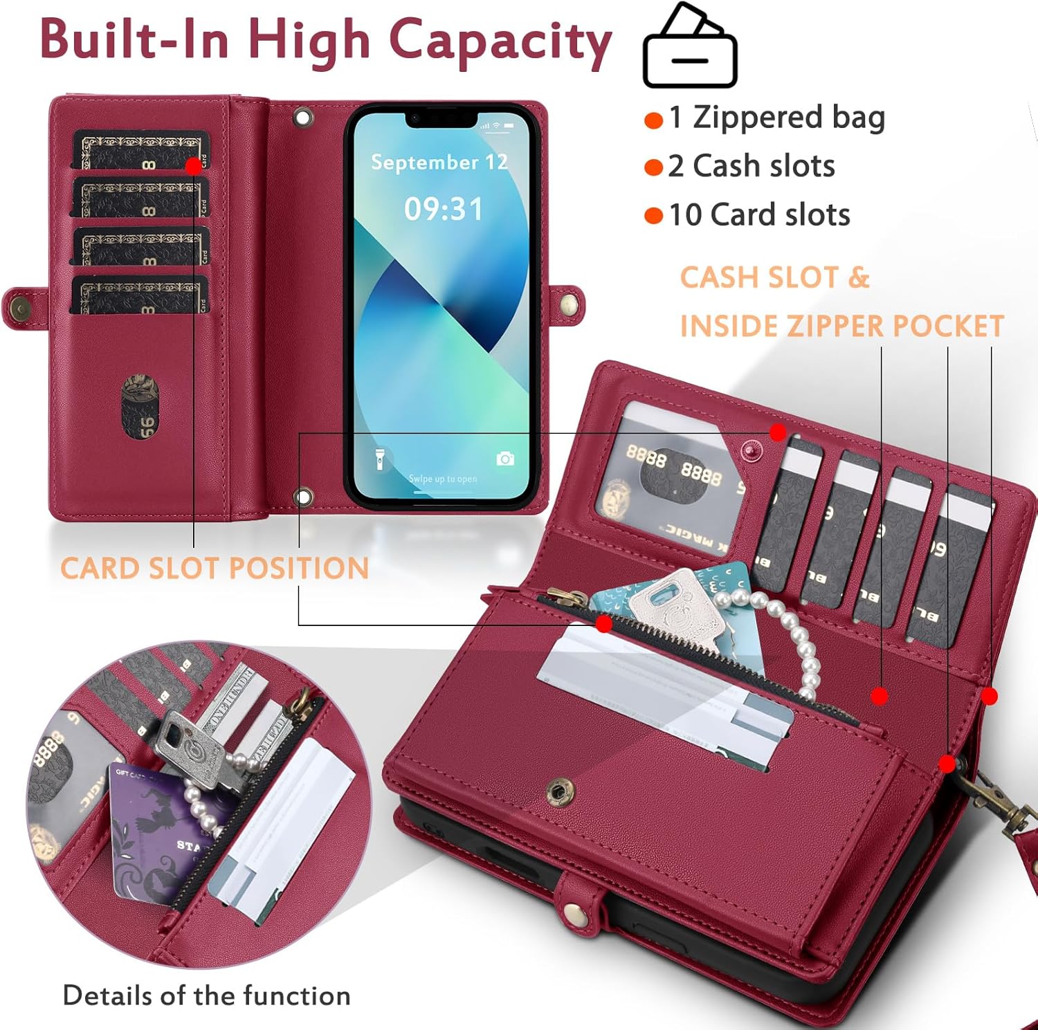 for Wallet Case Compatible with iPhone 14,Multi-Function Detachable 2 in 1 Magnetic iPhone 14 Case Wallet,Flip Strap Zipper Card Holder Phone Case with Shoulder Straps (Red)