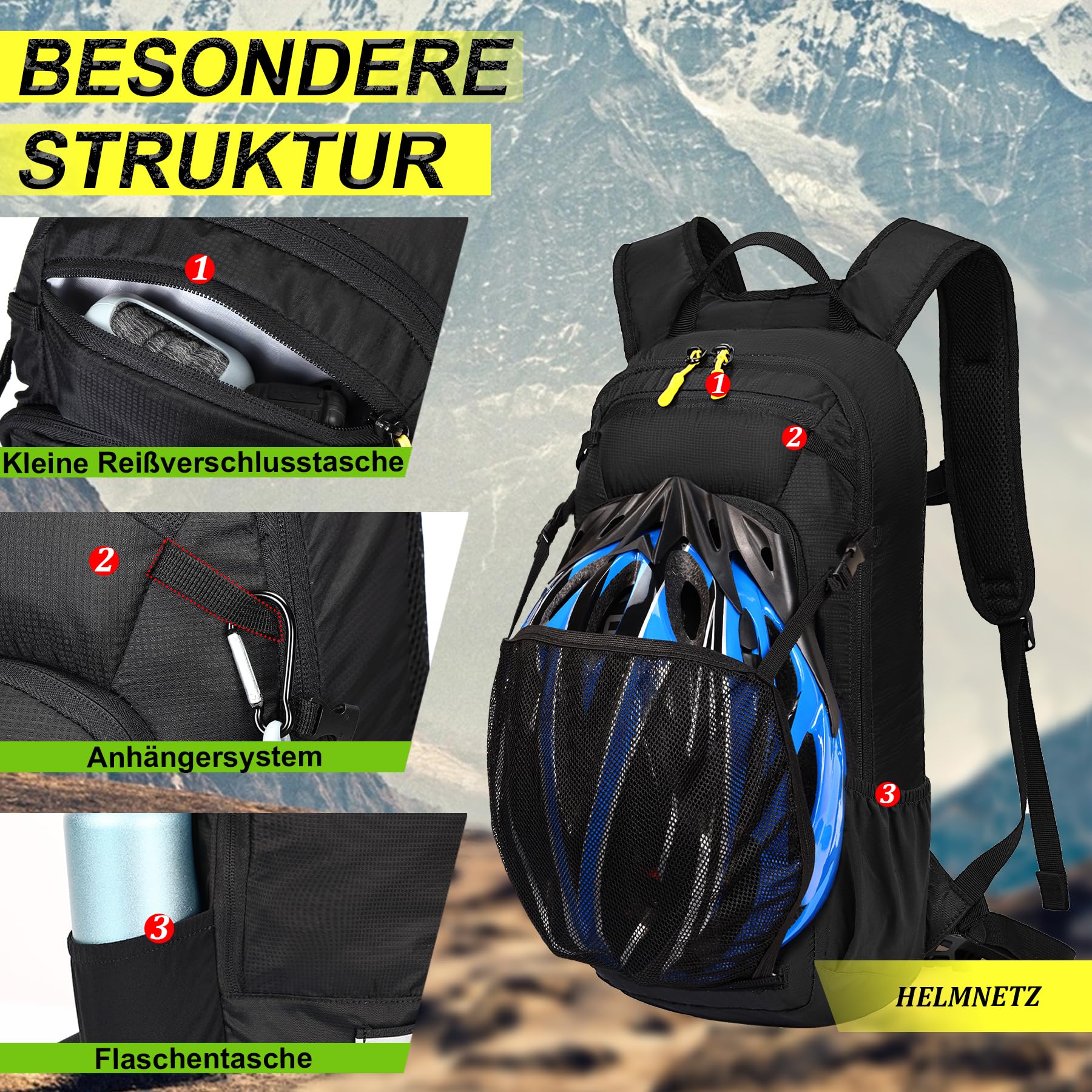 LOCAL LION ONETOALL Fahrradrucksack Klein 10L mit Regenschutz und Helmnetz, Skirucksack für Damen und Herren, Kleiner Wanderrucksack Wasserdicht zum Skifahren Radfahrren Wandern Tagestour