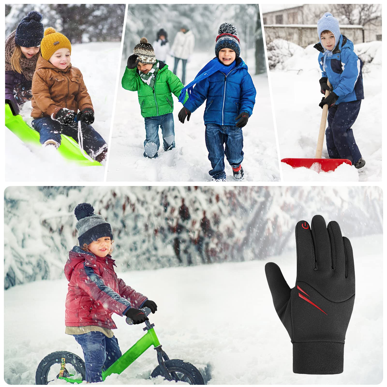 Gants de Cyclisme pour Sports d'hiver pour Enfants, Doublure en Polaire Chaud Gants d'écran Tactile,Coupe-Vent Imperméable Antidérapant Gants de Course Vélo Ski,pour Garçons Filles 4-12 Ans