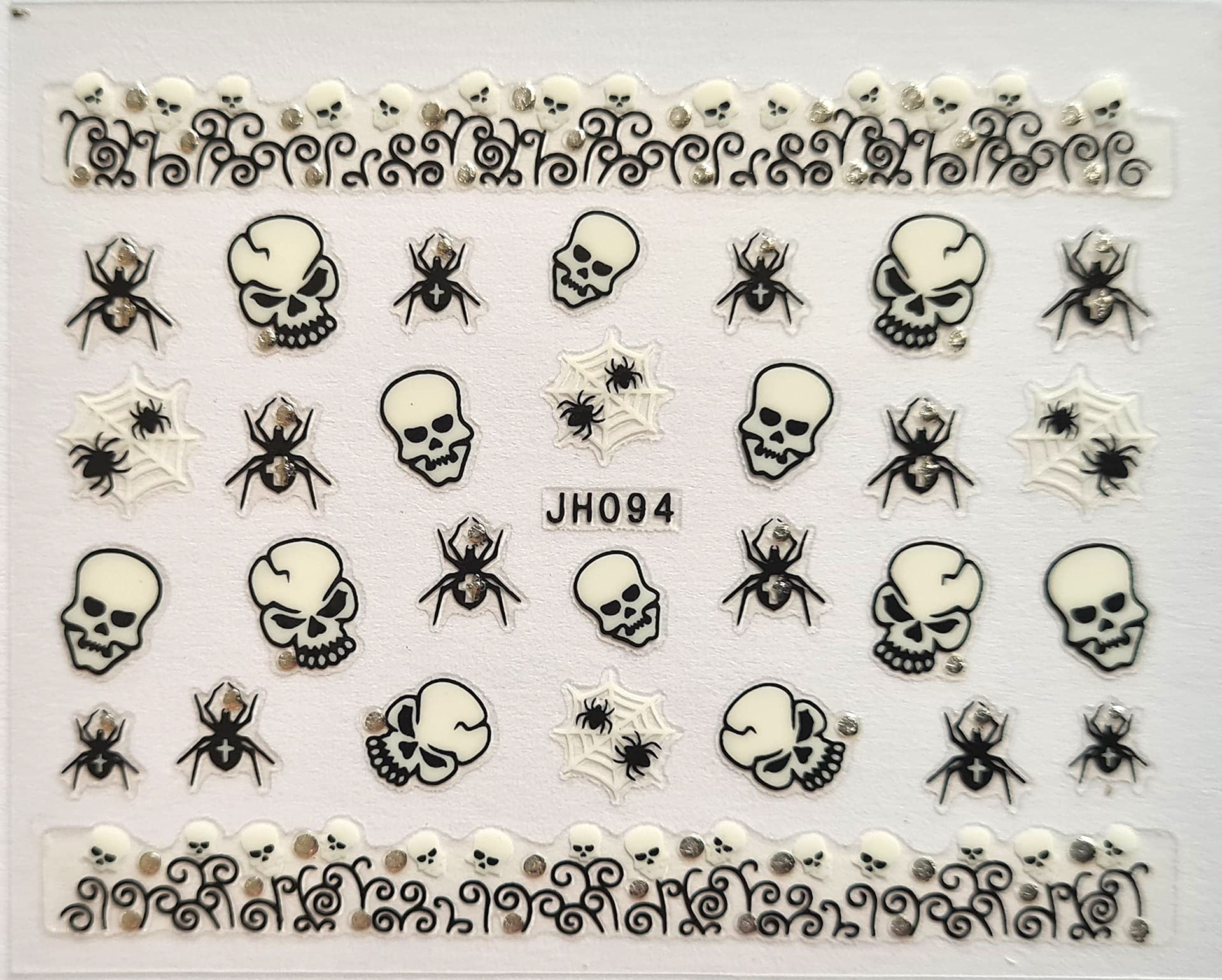 Nail Art Halloween 3D Silver Gems Stickers (JH094 Skulls Spiders)