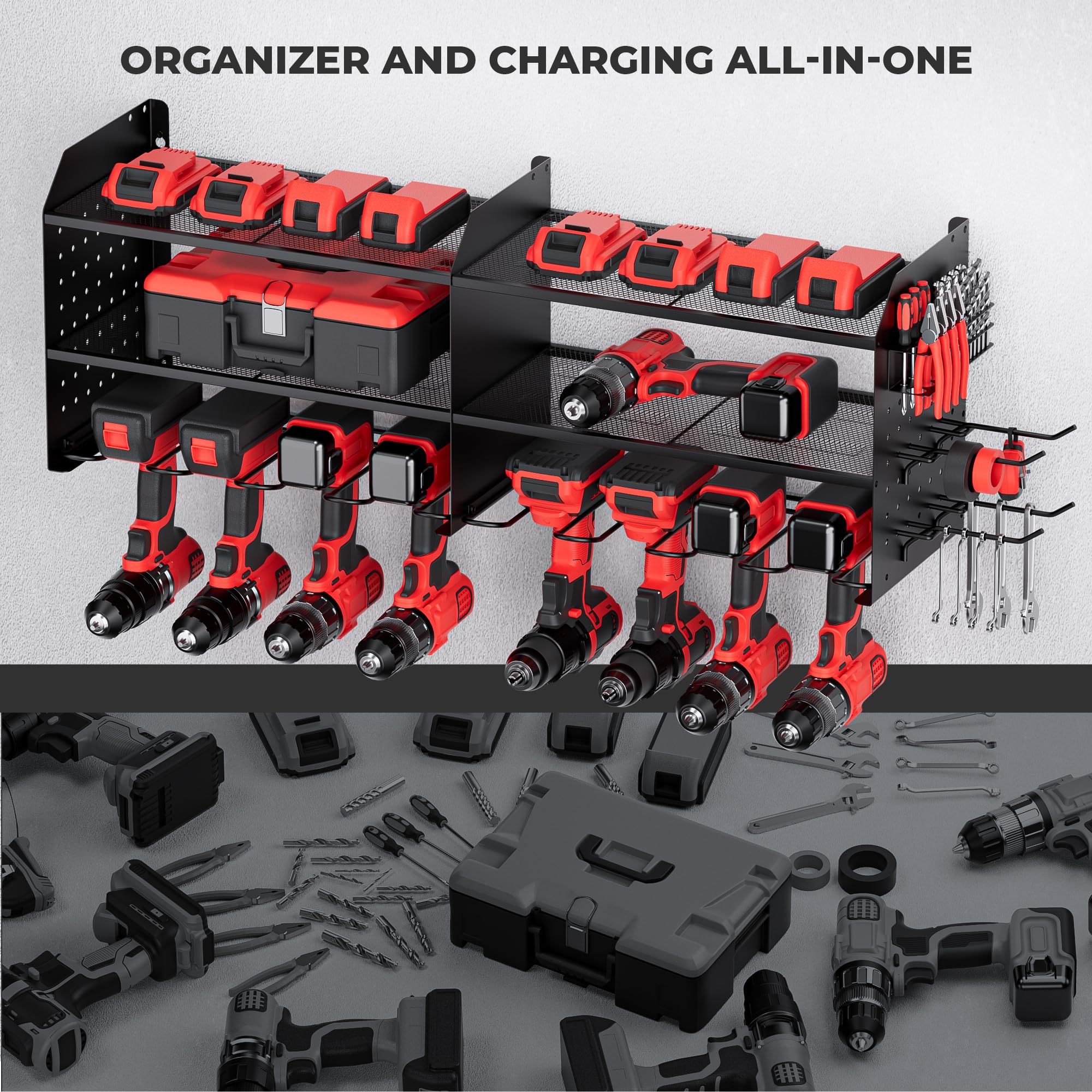TRZZ Organizer na elektronarzędzi 2 w 1, uchwyt ścienny, 3-warstwowy uchwyt na wiertarkę z 2 bocznymi płytami montażowymi, 8 uchwytów na wiertarki, 4 haczyki, 1 stojak na wiertła boczne, wieszak na