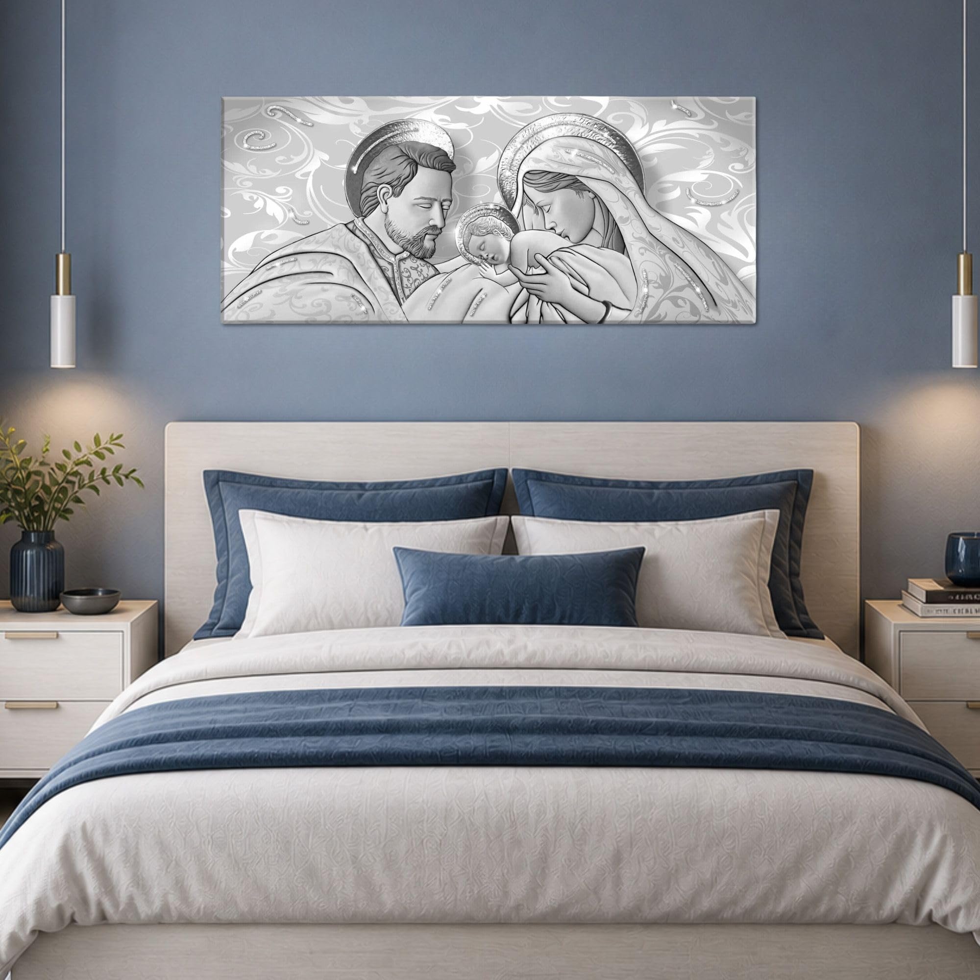 Lupia - Quadro Moderno Sacra Famiglia, su tela poliestere con brillantini Glitter, Natività BRILLANT 52x122 cm THE KISS SHABBY GREY, Adatto per Soggiorno e capezzale Camera da Letto, Grigio
