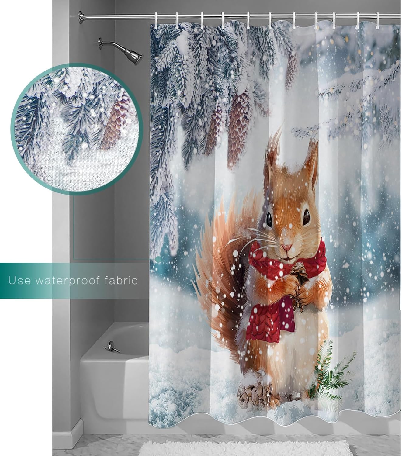 Christmas Shower Curtain for Bathroom 72" x 84" Christmas Winter Forest Cute Squirrels Shower Curtain with Hooks Polyester Waterproof Home Bathtub Decor