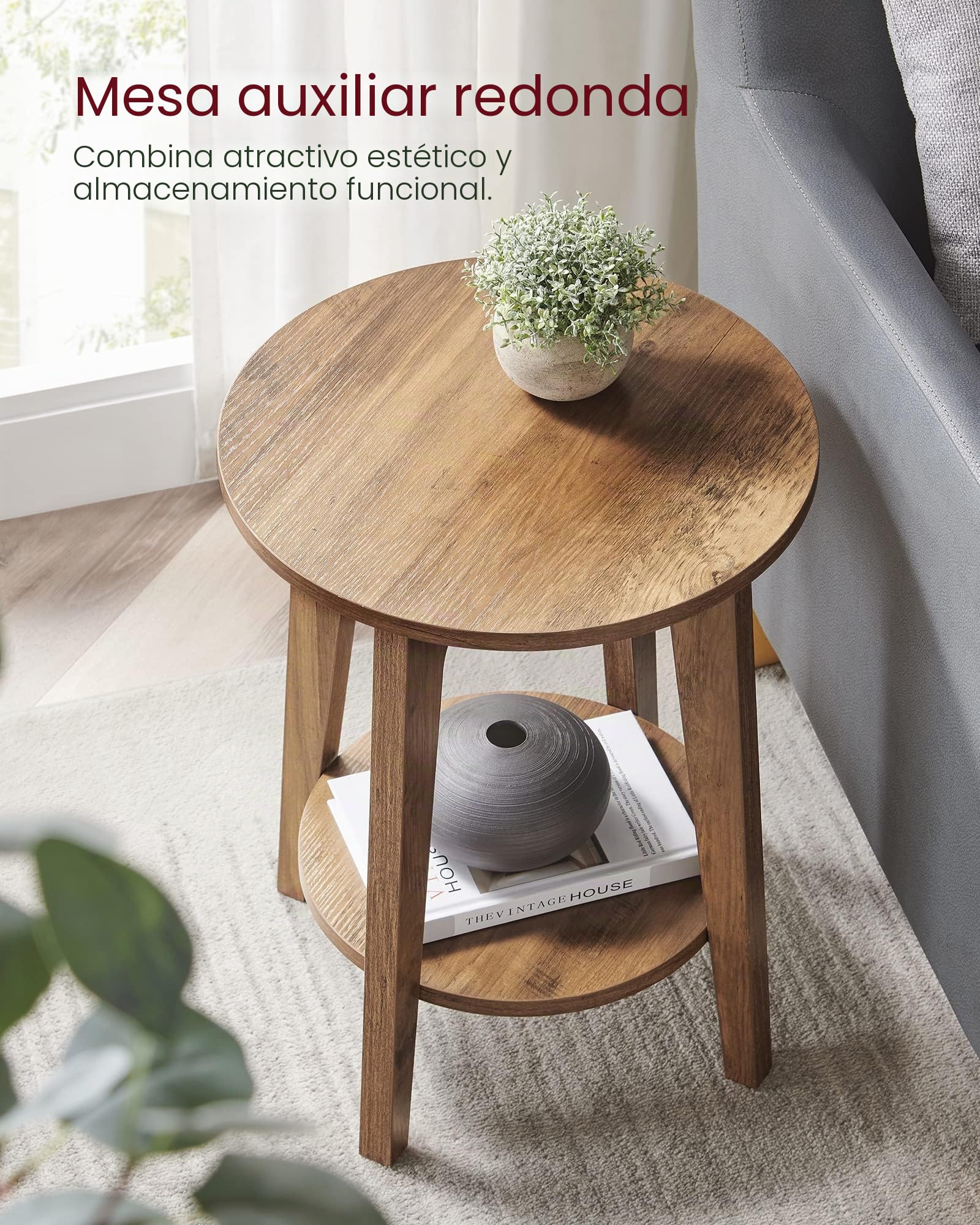 VASAGLE Mesa auxiliar, pequeña mesa redonda con estante inferior, mesita de noche para espacios pequeños, estilo moderno de granja, nogal rústico ULET283T41