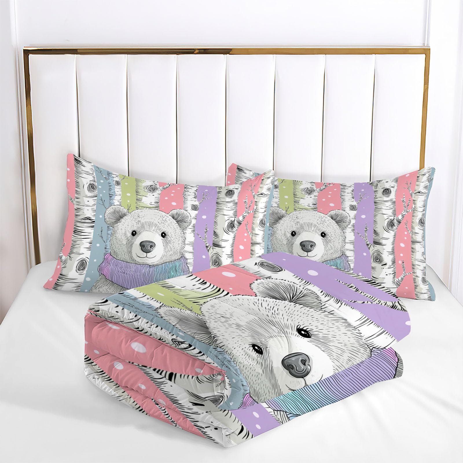 Trapunta Letto Matrimoniale 4 Stagioni Piumone per Bambini, Cartone Animato Panda Leggero Betulla Strisce Set di Biancheria da Letto 200x200cm con 2 Federe,Piumino Lavabile In Lavatrice