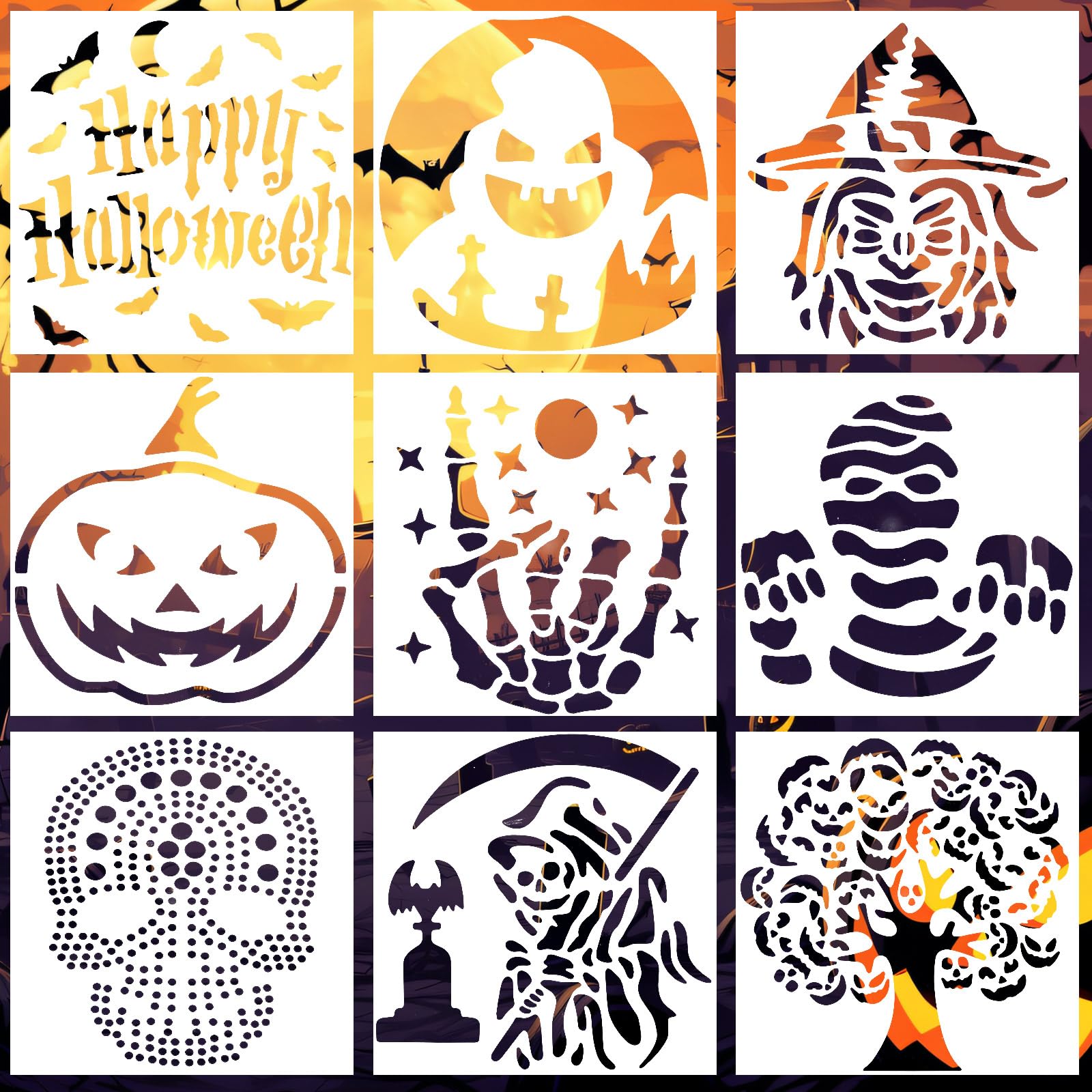9 Pochoirs Halloween Réutilisables En PET - 15x15 Cm - Motifs Variés Pour Peinture Et Décoration