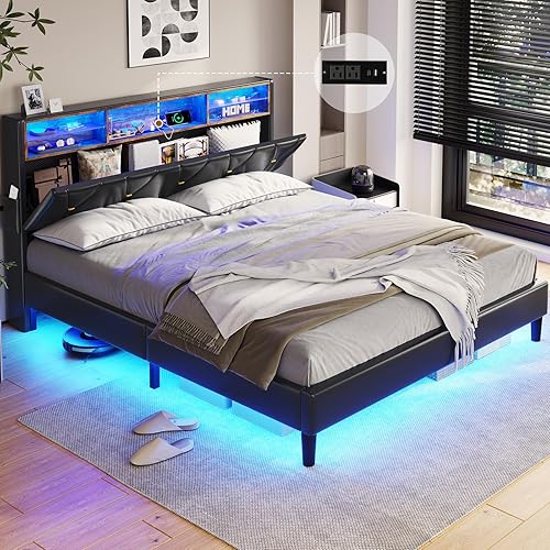 BTHFST Base de cama Queen con luces LED y estación de carga, marco de cama LED tamaño Queen con cabecera de estante de almacenamiento, cama tapizada