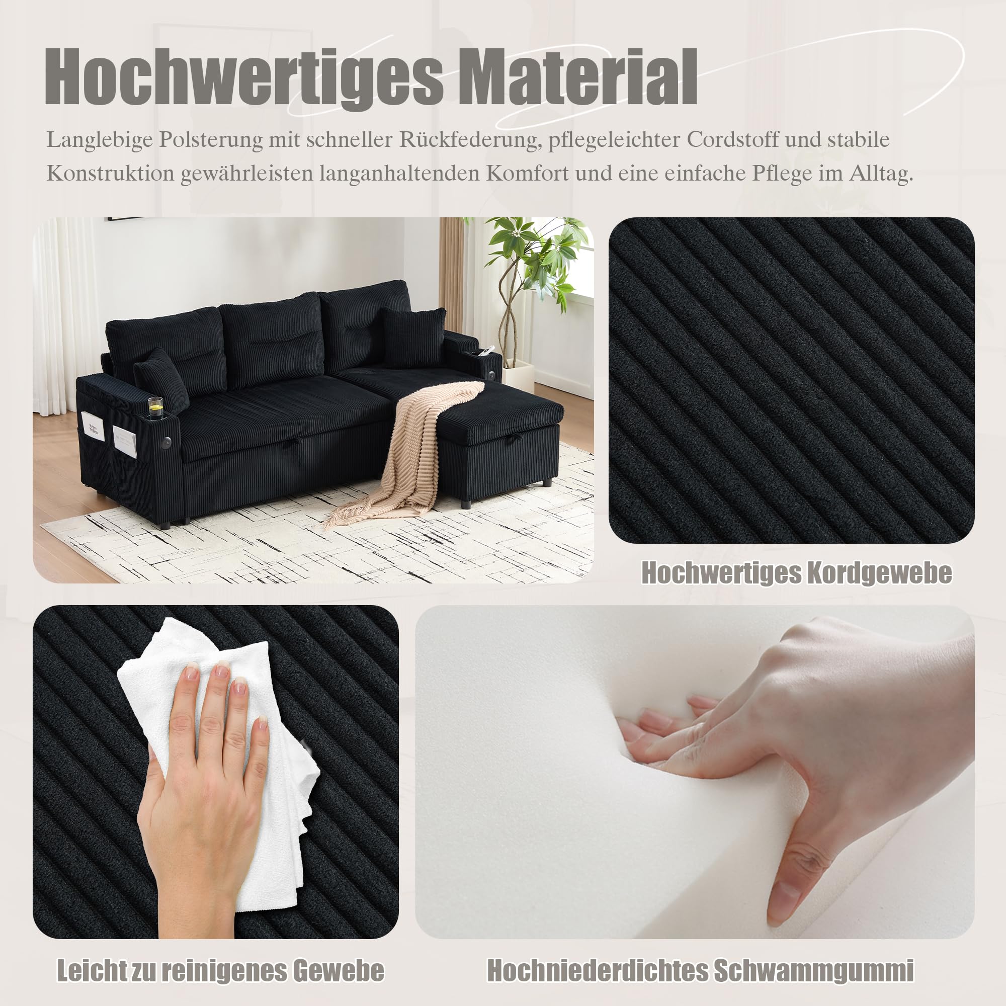 Moderno Chaise Longue Sofá Cama 3 Plazas con USB-C, Rinconera con Arcón Almacenaje y Portavasos, Sofá Cama de Pana Extraíble con Canapé Hidráulico, 212cm Mueble Salón, Negro
