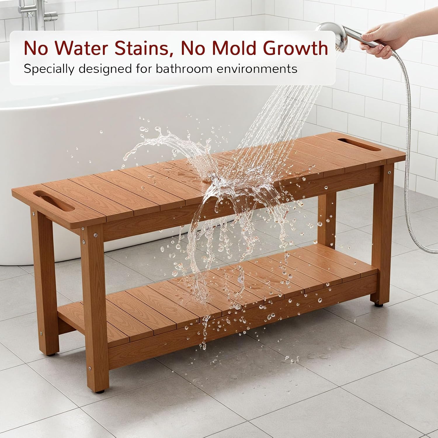 Stoog 41" Large Shower Bench, Waterproof Shower Stools with 400 lbs Weight Capacity, Shower Chair Seat for Bathroom, Non-Slip, Brown