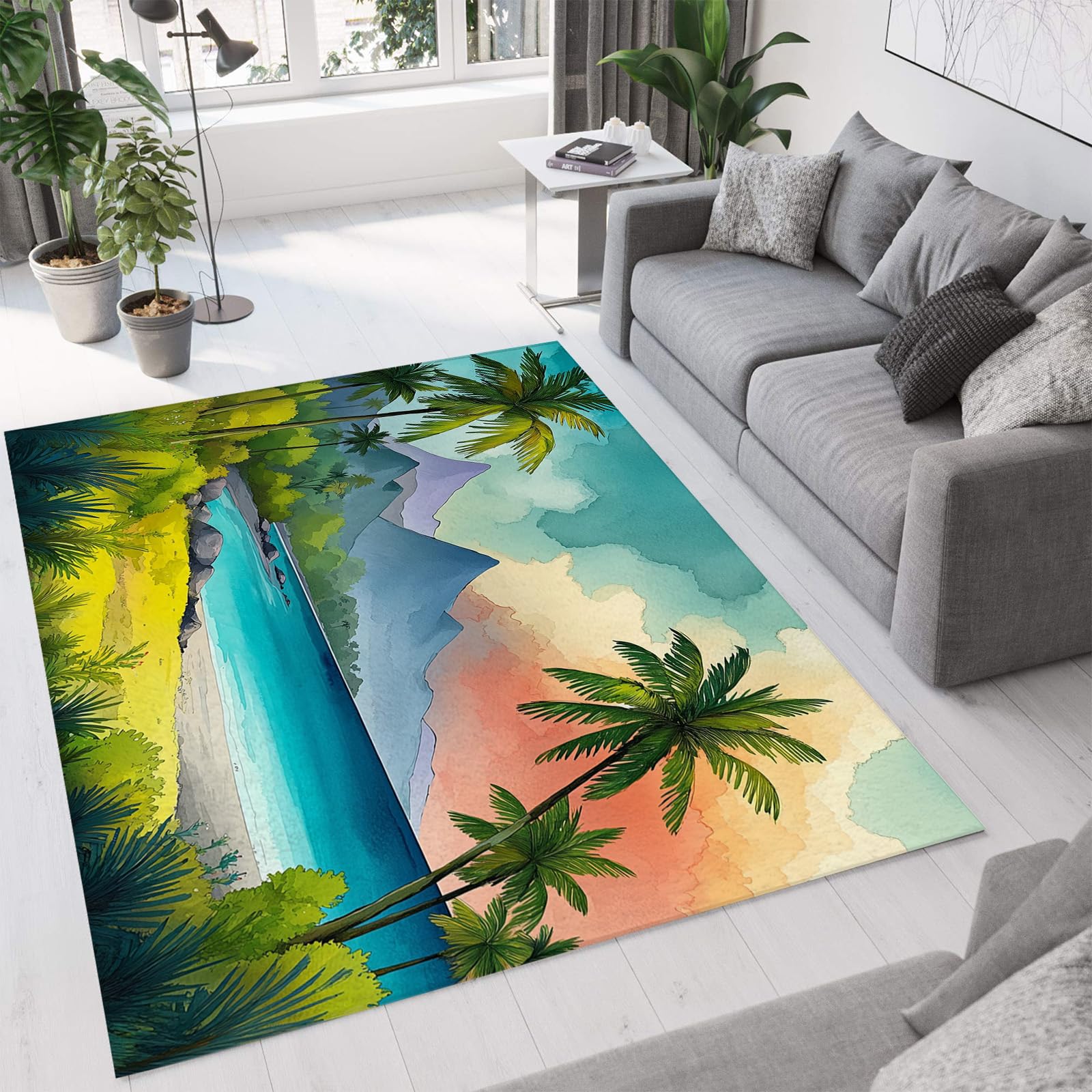 Tapis aquarelle scène de plage pour la chambre de fille et jeux