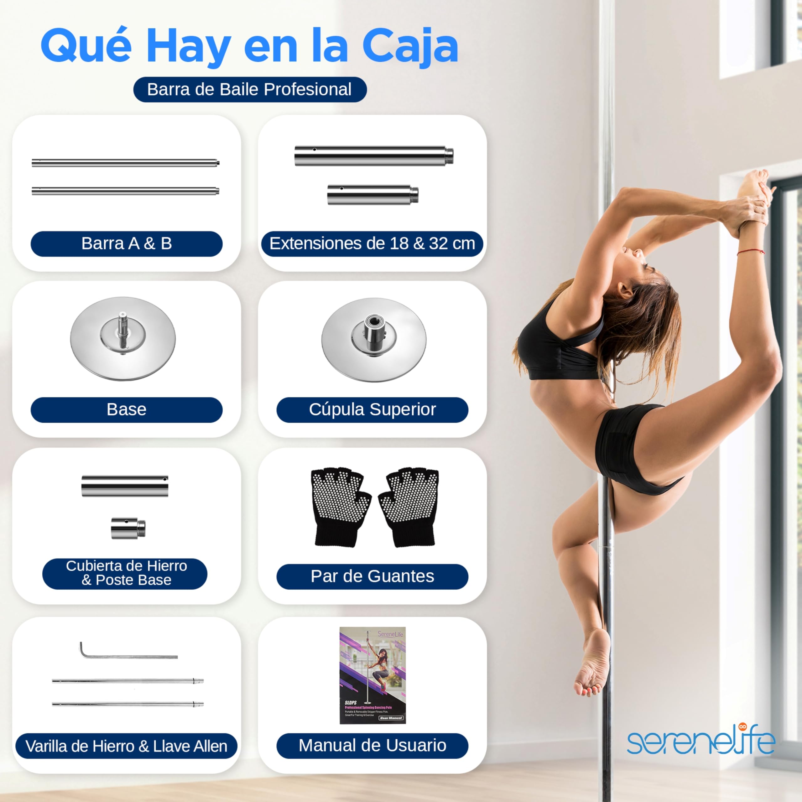SereneLife barra pole dance, De baile, Plegable, Ejercicio, Para bailarinas, Principiantes, Ejercitadores, Atletas, Gimnasia, Fitness, Profesional, Clubes, Bares, Estudio, 1.21mts x 2