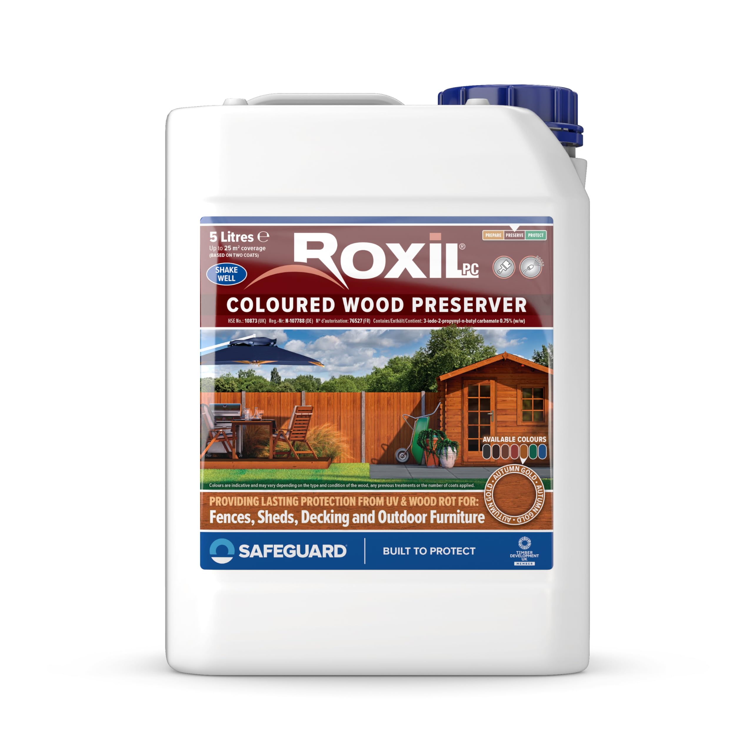 Roxil Lasure Préventive Bois 5L Or d'Automne Intérieur Extérieur Protection Contre Pourriture Champignons Larves Termites