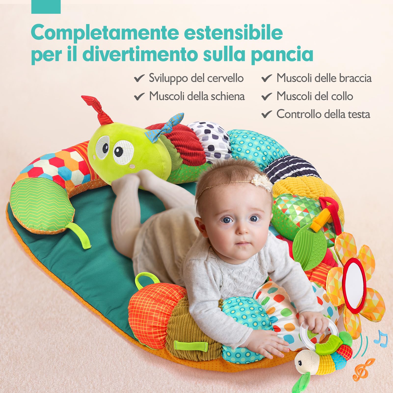 hahaland 4 in 1 Tummy Time & Supporto Seduto & Tappetino Bruco & Palestrina Neonato, Giochi Neonato per 0-6 Mesi con Specchio e Sonaglino, Giocattolo Sensoriale per Neonati, per Sviluppo Precoce