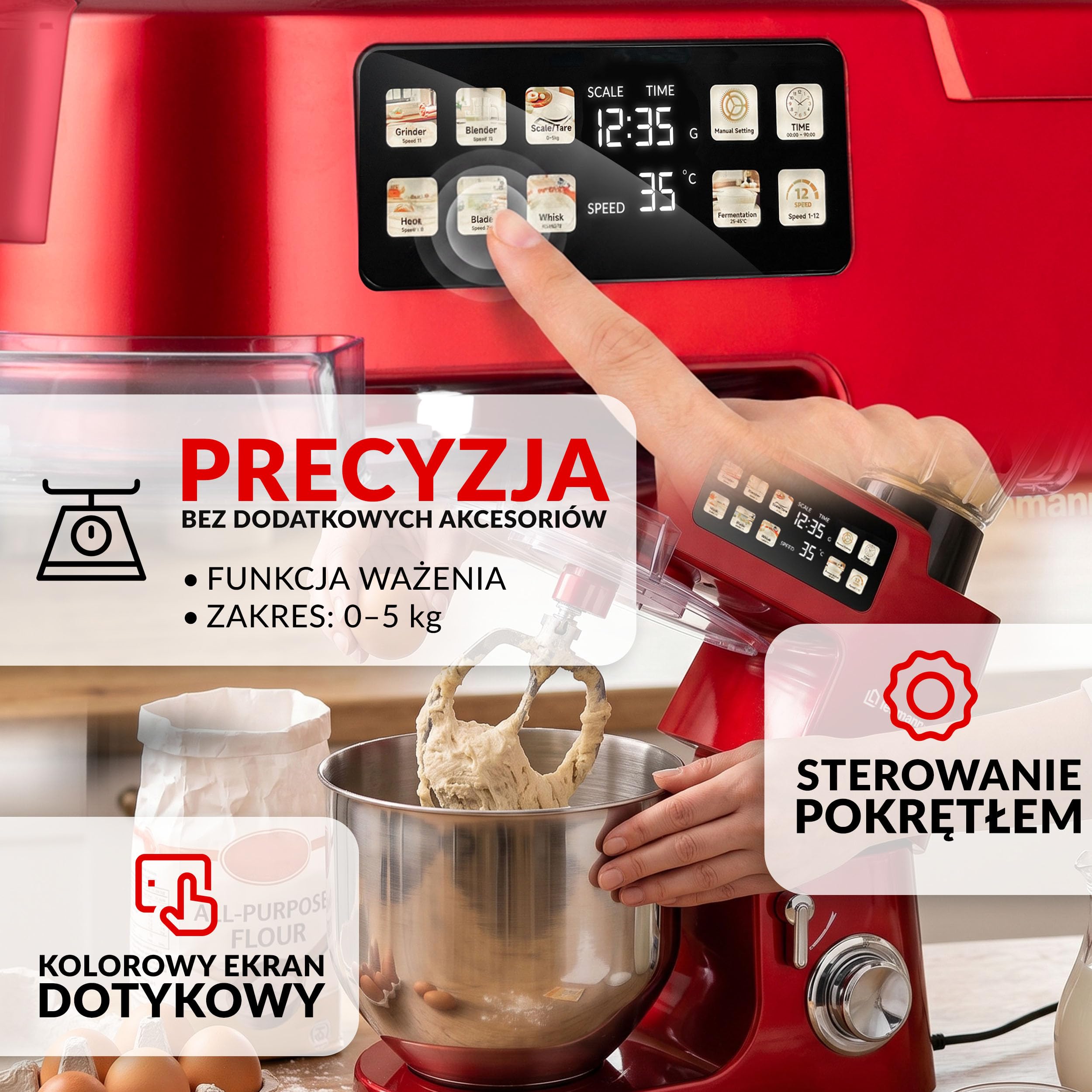 LEHMANN Teyles Robot planetarny 2100W 8L z wagą, wyświetlaczem dotykowym i podgrzewaną misą, robot kuchenny do ciasta, blender 1,5L, maszynka do mięsa, Czerwony