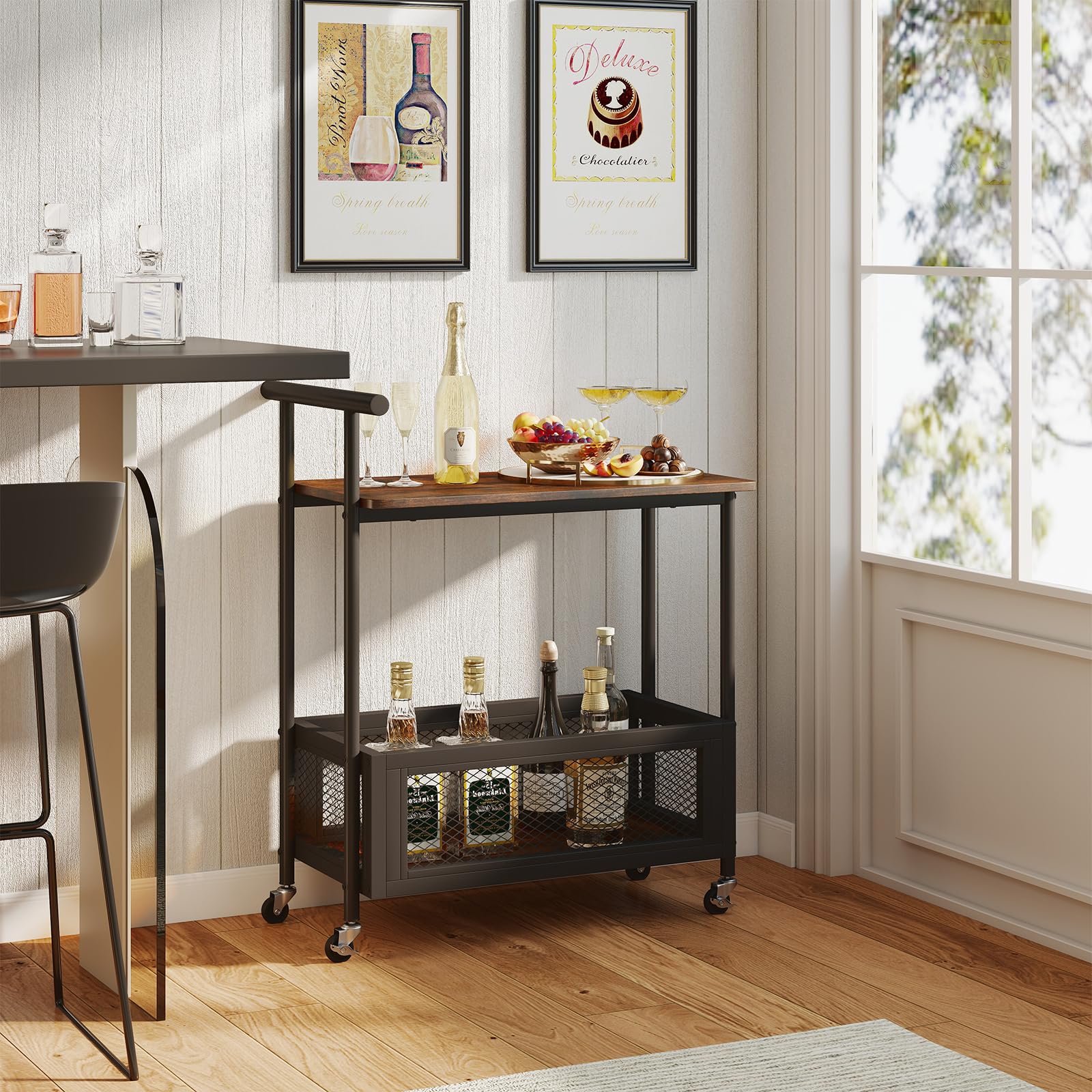Giantex Mesa Auxiliar con Ruedas, Carrito Móvil con Estante y Cesta de Almacenamiento, Carro de Servicio con Asa, 60 x 40 x 72 cm, Mueble Auxiliar para Cocina, Comedor, Salón, Bar