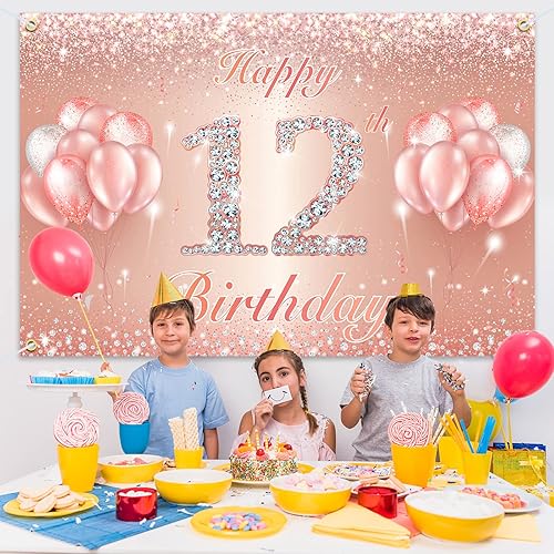 Miniatura 6 de Fondo de pancarta de feliz cumpleaños 12 Suministros de decoración de fiesta de cumpleaños 12 para niñas o niños Oro rosa 4 x 8 pies