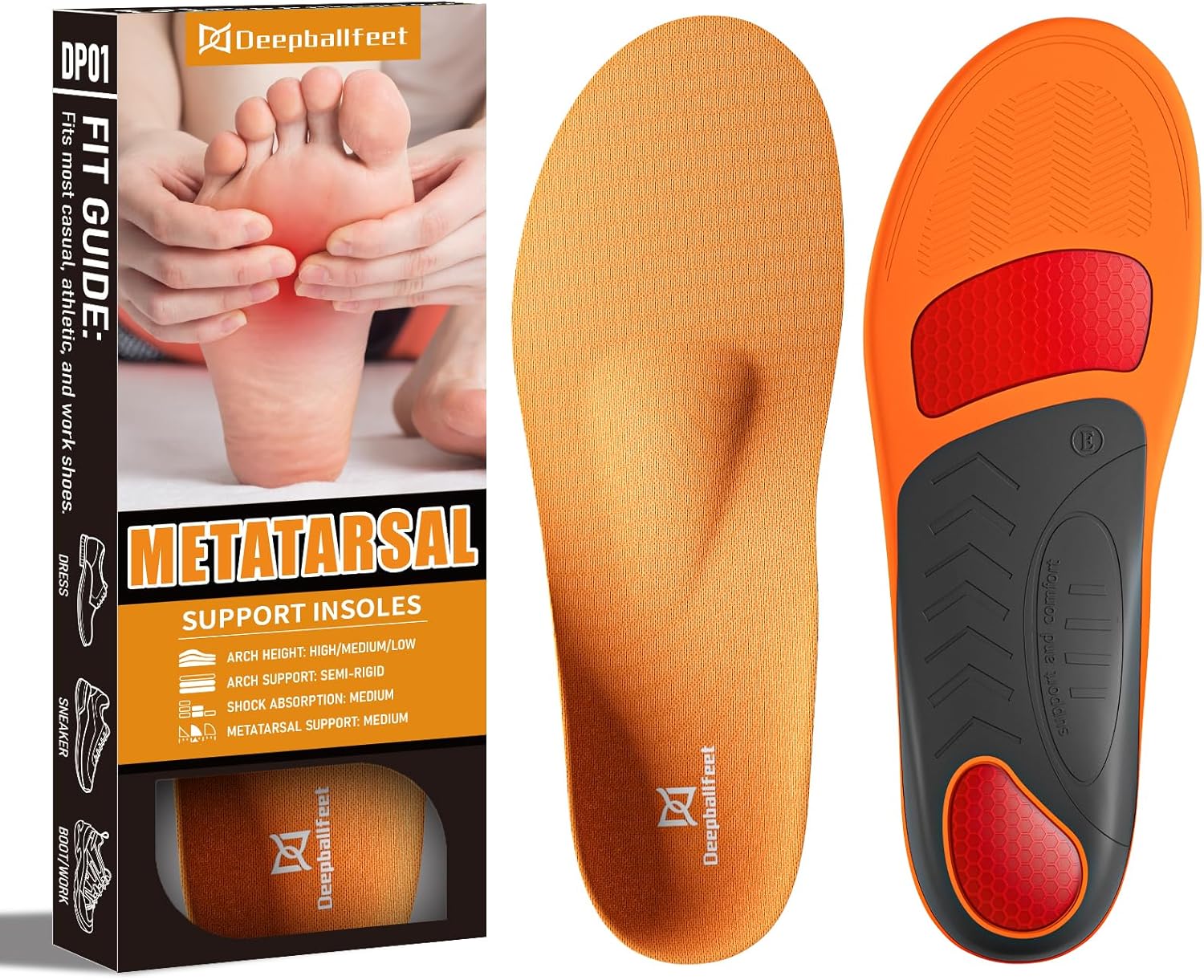 Deepballfeet Arch Support Insoles with Metatarsal Pads, Orthotic Inserts for Metatarsalgia, Morton's Neuroma, Plantar Fasciitis, Ball of Foot Pain Relief, Man Women Insole for Standing All Day-C