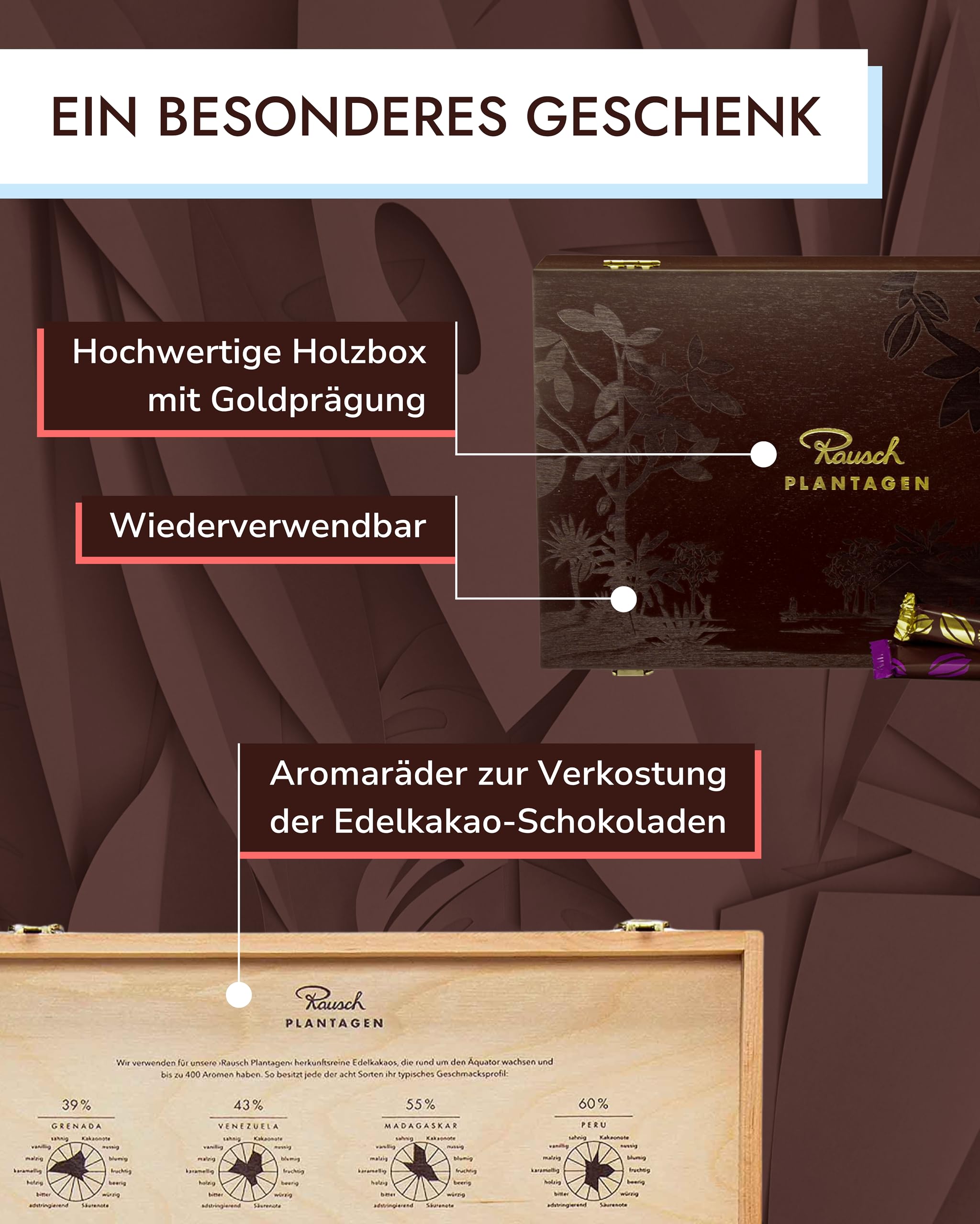 Rausch Plantagen Holz Schatulle – Holz Schachtel gefüllt mit 64 Sticks purer Edelschokolade – Schokolade aus aller Welt – Schokoladen Geschenkset