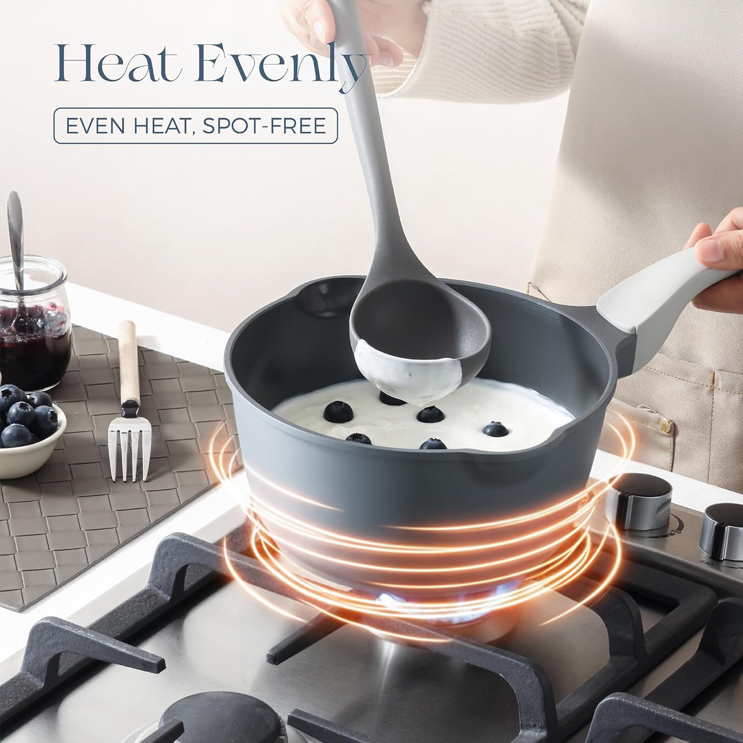 PRICUSIS Ceramic Nonstick Saucepan with Lid, 3 Quart Non Toxic Pot with Pour Spouts, Full Coated, 100% Dishwasher Safe, Induction Compatible & Oven Safe, PTFE PFAS & PFOA Free, Grey