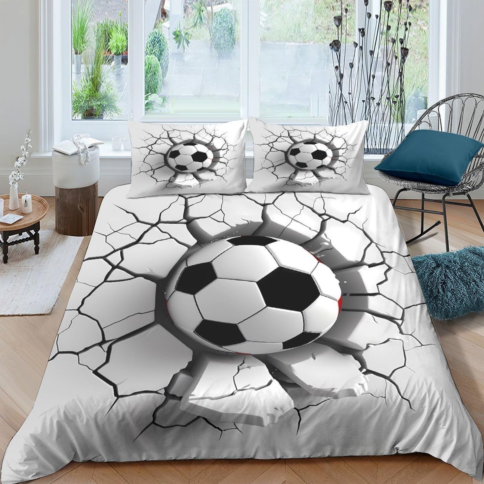 TUFRTGYHN 3D Printed Cracked Wall Football Duvet Cover Set Microfiber Soft Breathable Soccer Bedding with 2 Pillowcases for Bedroom Single（135x200cm）