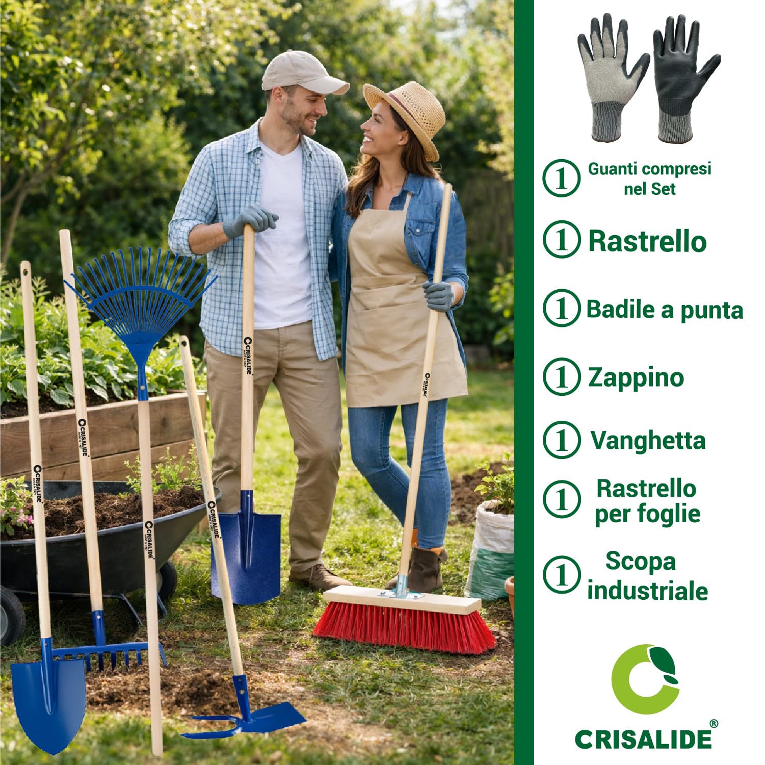 Crisalide® Juego completo de jardinería de 7 piezas – Escoba industrial, guantes, rastrillo hojas, pala, azada, rastrillo de 12 dientes, pala puntiaguda, herramientas resistentes para huerto, jardín